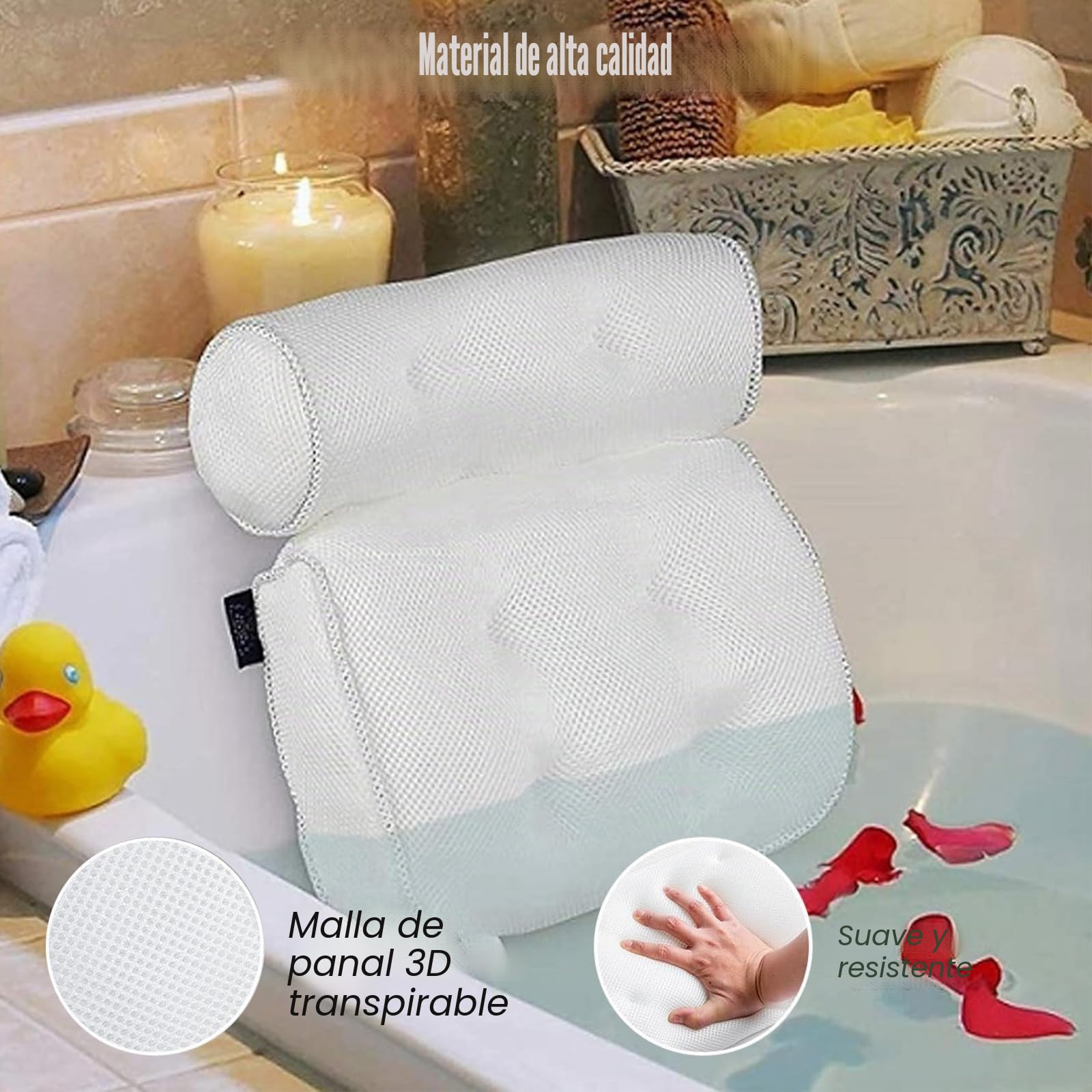 Almohada Bañera Antideslizante, Cojin Bañera con 6 Ventosas, Hidromasaje para Bañera, Suave y Confortable Almohada para SPA y Baño Relajante, Soporte para Cuello y Espalda, Blanco