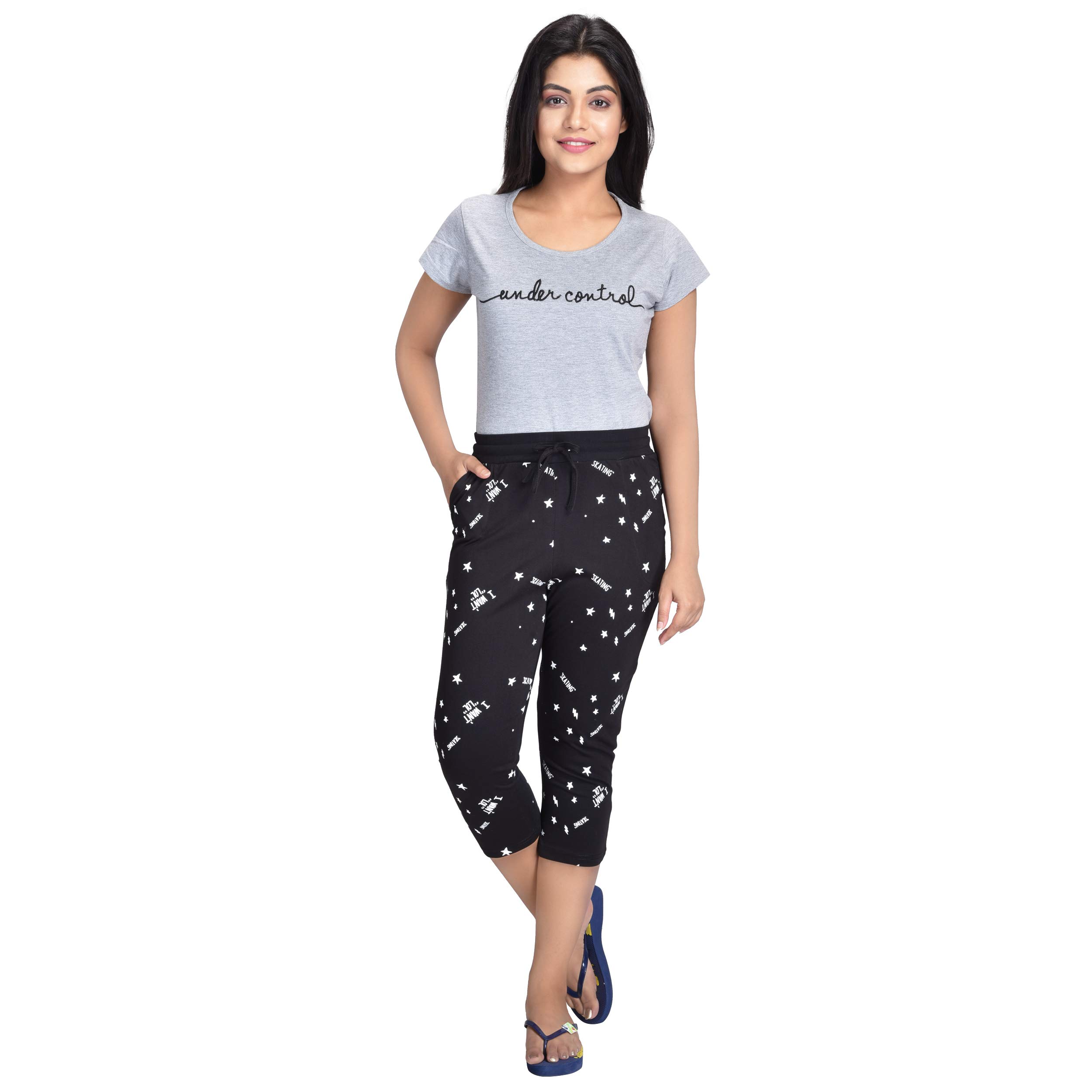 Club A9 Women's Cotton Printed Nightwear Capris Pack of 1 (SA_513_L_Black_Large) 2