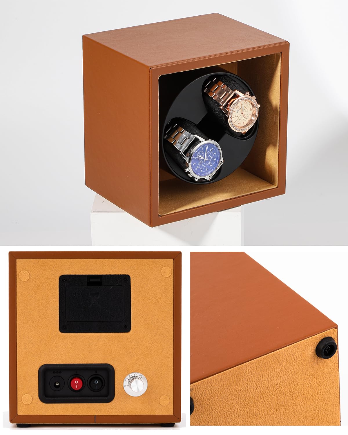 Mxmoonant Automatische Uhrenbeweger für 2 Uhren, 5 Rotationsmodi mit leisem Motor, AC-Adapter & Batteriebetrieb, LED-Beleuchtung (EU Stecker)