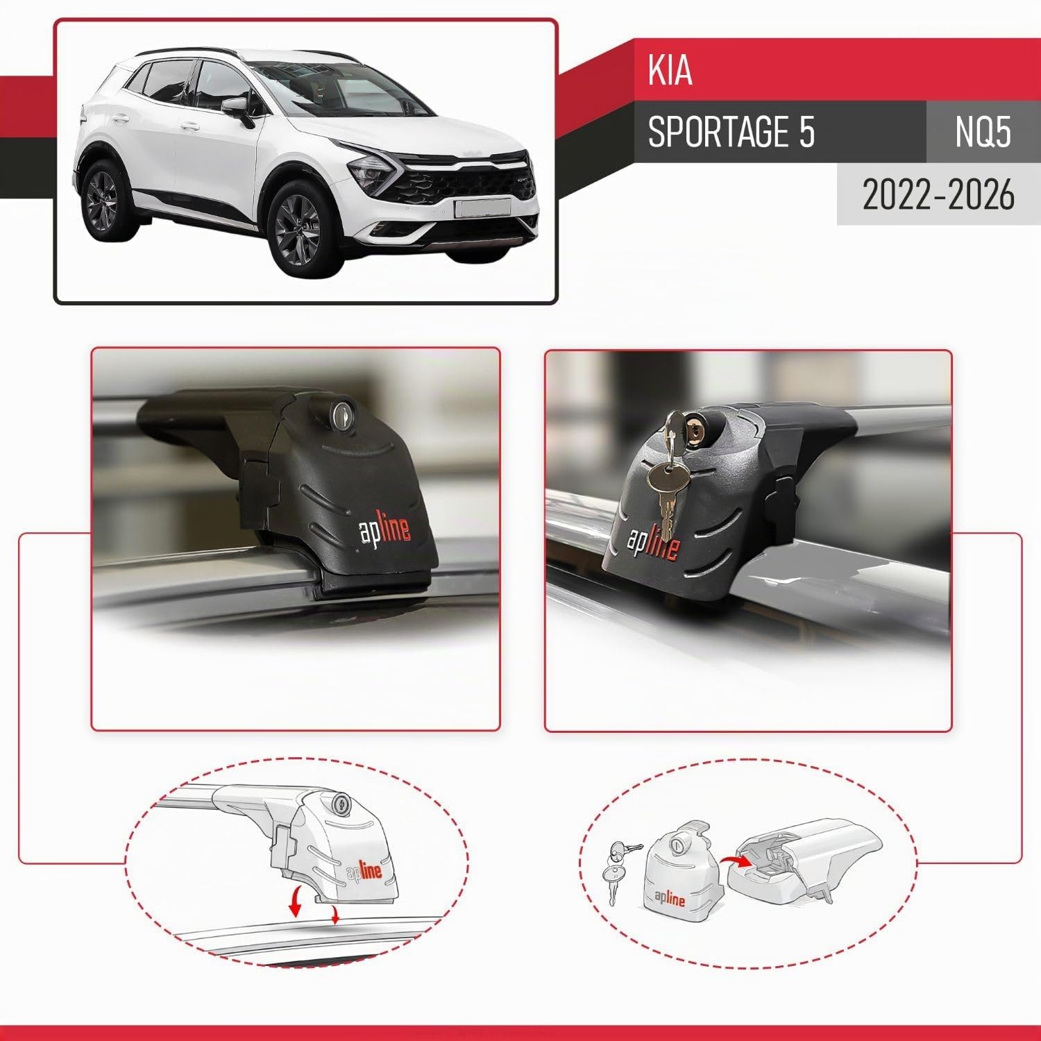 Compatible con Kia Sportage 5 (NQ5) 2022-2026 (No-Sunroof) Modelo Ace-2 Barra de Techo Auto Portaequipajes Barras Transversales Gris Aluminio 2 Barras