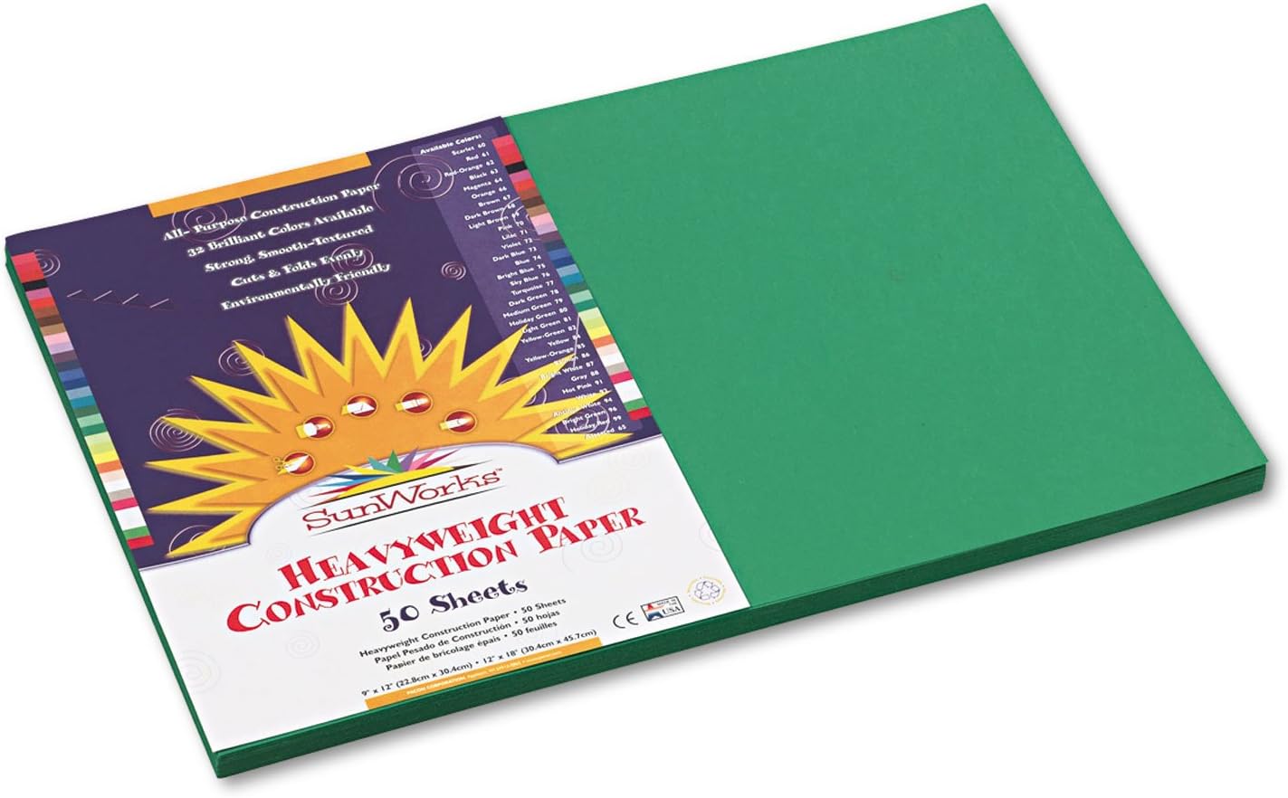 SunWorks 8007 Construction Paper, 58 lbs., 12 x 18, Holiday Green, 50 Sheets/Pack