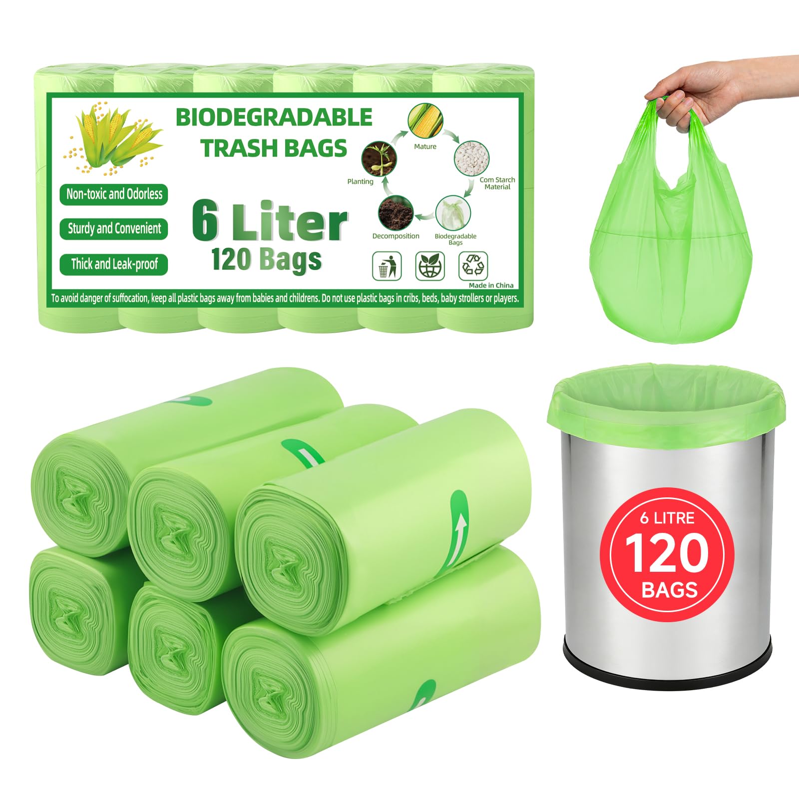Biodegradable Food Waste Bags, 6L Small Compostable Caddy Bin Bags Liners, Clear Green Food Recycling Garbage Trash Bags for Kitchen, Home, Office Supplies, 120 PCS