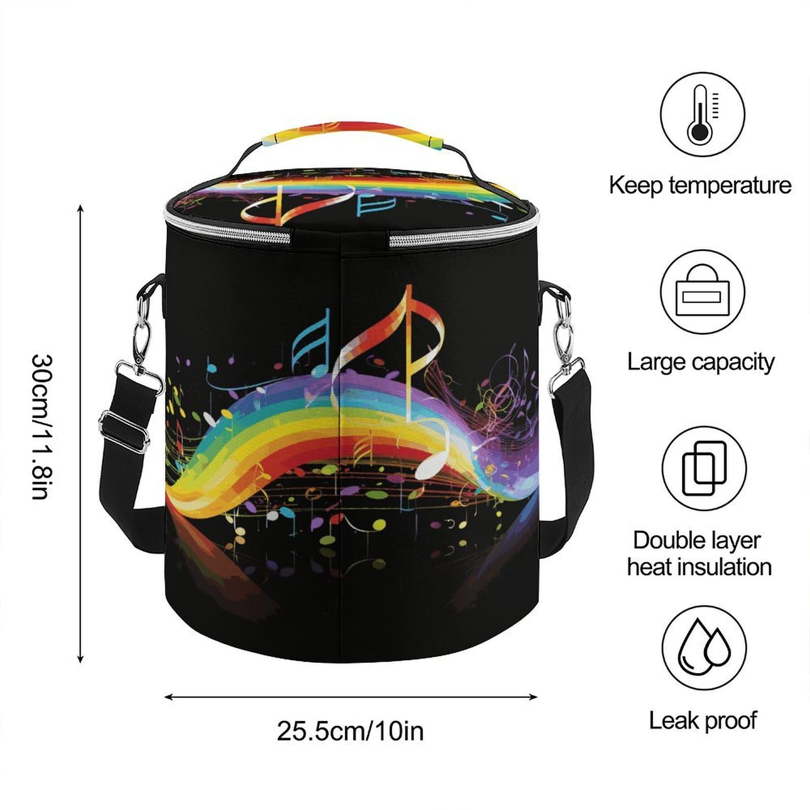 Borsa termica morbida con melodia di note musicali arcobaleno, multi-tasca, borsa da spiaggia isolata a prova di perdite, pieghevole, per spiaggia, viaggi, lavoro