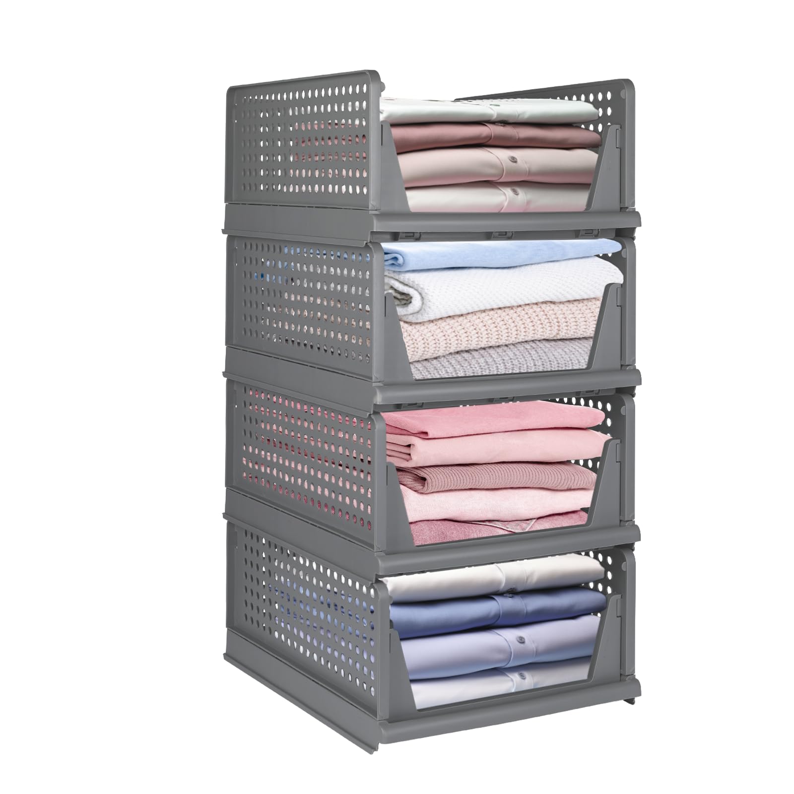 Organizador Armario Apilable, Cajones Extraíbles para Armarios, Cajas Almacenaje Ropa de Plástico, Organizadores de Ropa para Dormitorio, Cocina y Baño(33.5 * 43 * 72cm-4Gris)
