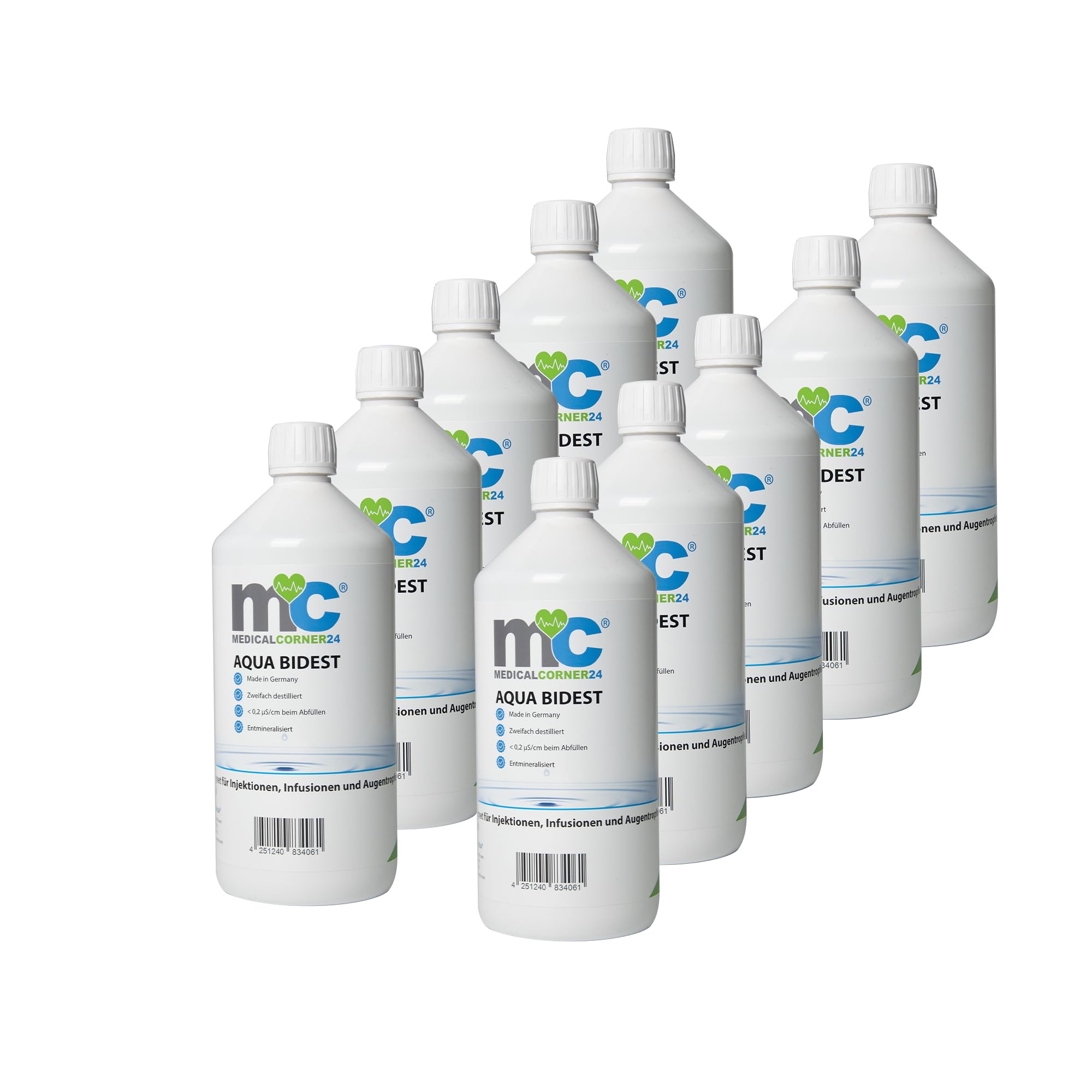 Medicalcorner24 Aqua Bidest Laborwasser bidestilliertes Reinst-Wasser, zweifach destilliert, 10 x 1 Liter