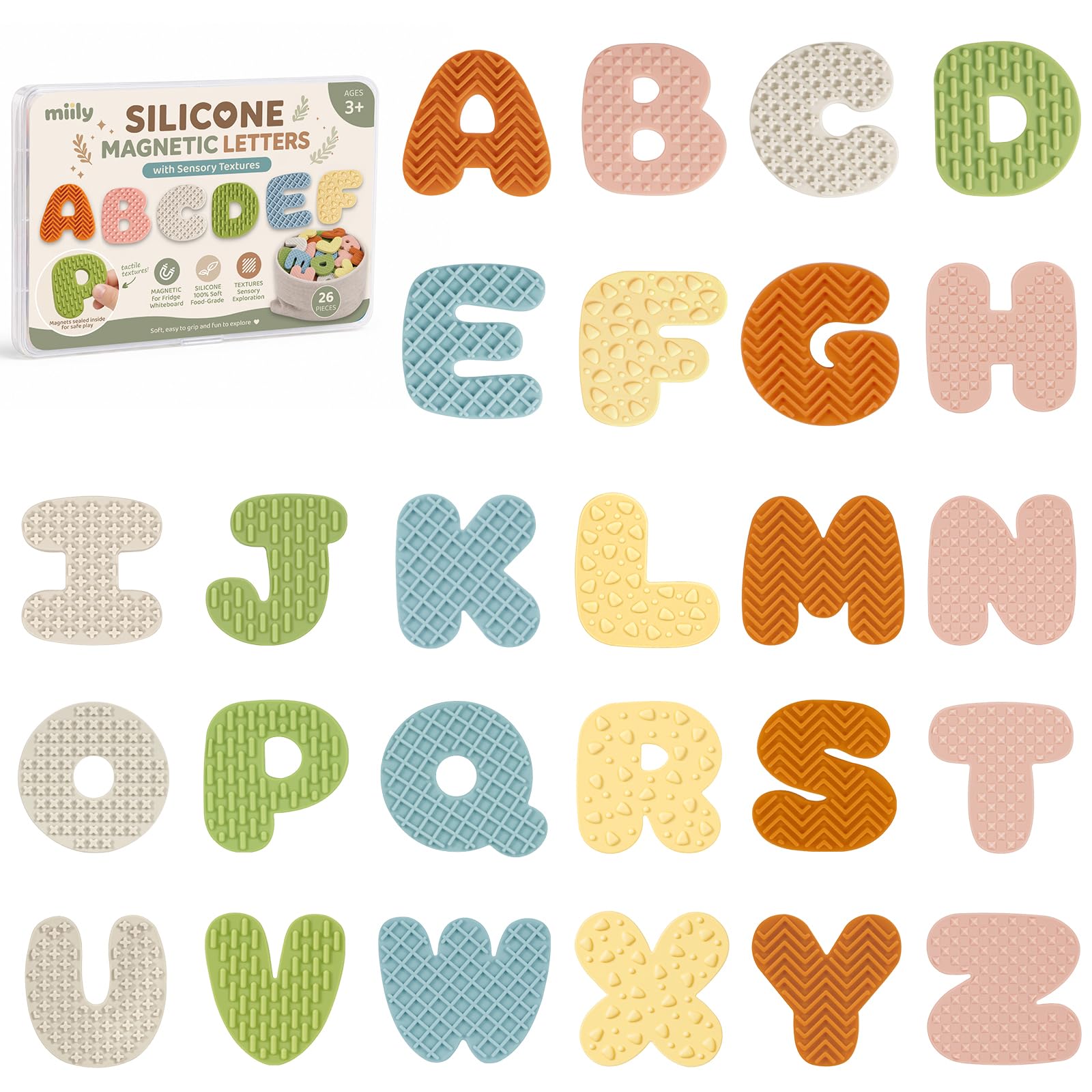 View 1 of **MISSING E, I, K, L, AND X** Silicone Magnetic Letters with Sensory Textures, 26 Uppercase Alphabet Magnets for Toddlers & Kids 3+, ABC Magnets for Fridge & Whiteboard, Letter Recognition & Early Spelling Learning Toys