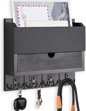 Mail and Key Holder Wall Mount with Storage Drawer & Chalkboard Panel | Modern Wooden Mail Organizer for Wall Entryway, 7 key hooks, Stylish Home Decor for Apartments, Living Room, Office