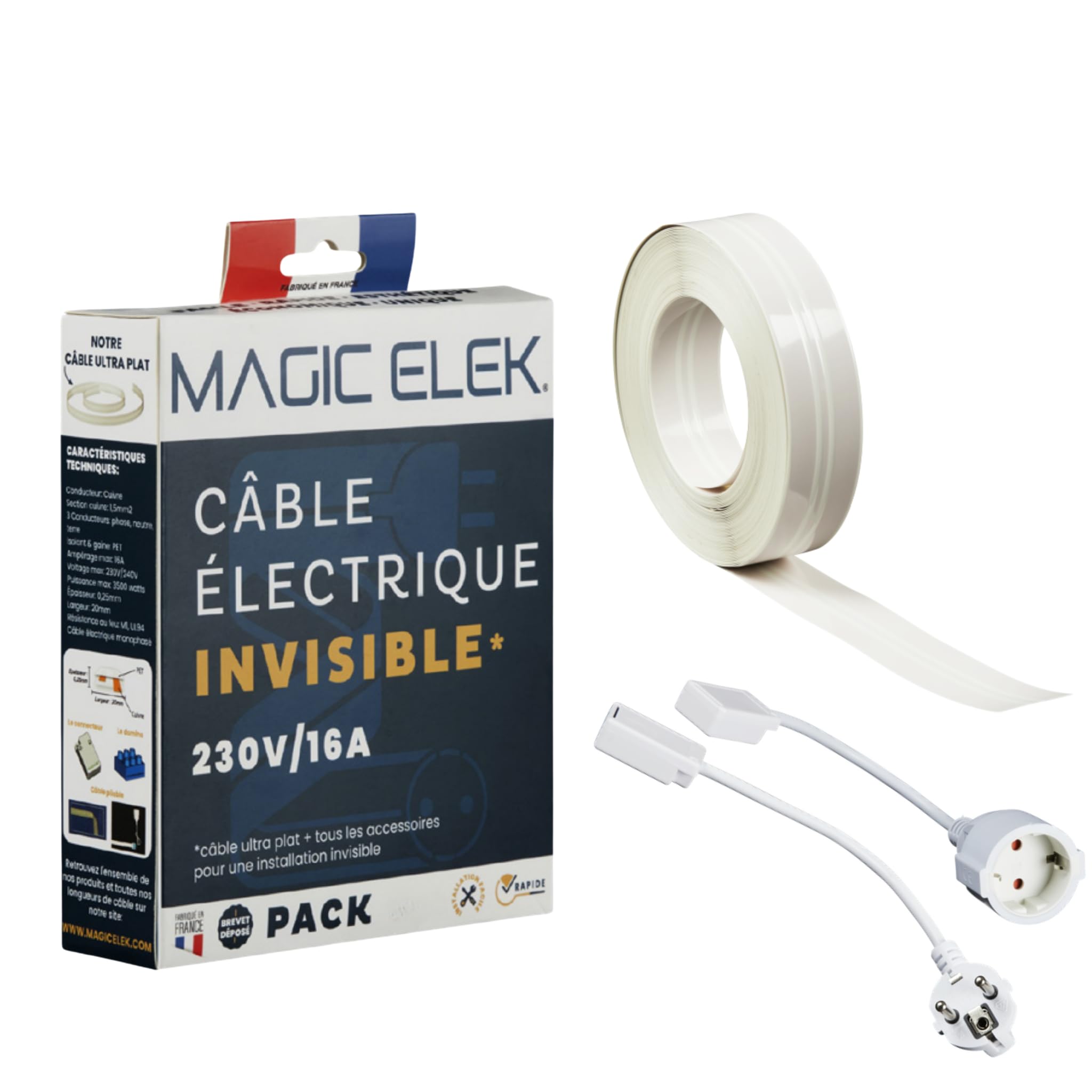 MAGIC ELEK - Câble électrique invisible ultra plat 1M 230V/​16A – 3 LIGNES - disparaît sous peinture, papier peint, carrelage… Fini les goulottes passe câble
