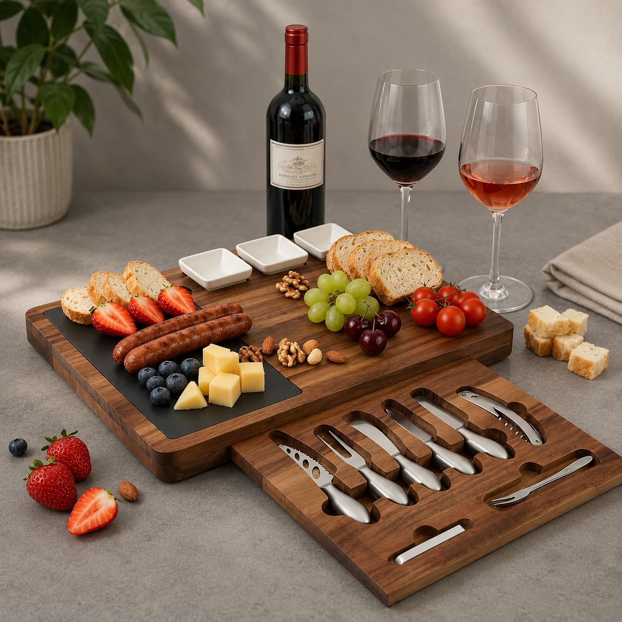 Louis Donné Juego de tabla de queso para charcutería, plato para servir queso con juego de cuchillos, bandeja para parejas, regalos de despedida de soltera, boda, inauguración de la casa, aniversario