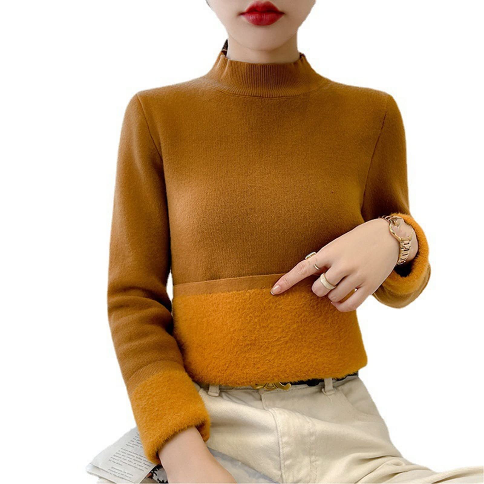 Suéter De Invierno Para Mujer - Suéter De Lana De Medio Cuello Alto Para Mujer De Invierno Moda Delgado Forrado De Punto Casual Grueso Jersey De Manga Larga Suave Cálido Forrado De Vellón Color