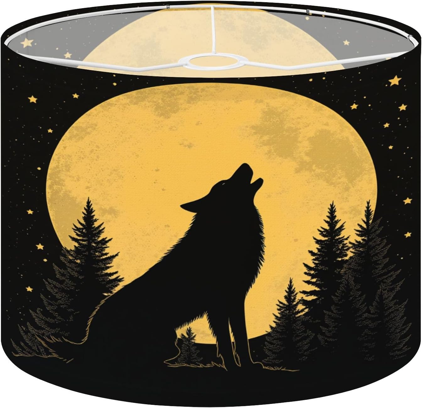 Linen Drum Lamp Shades 1 Pack Easy Assembly 13’’ W x 10’’ H Wolf Howling Under Golden Full Moon Forest Rustic Replacement Lamp Shades for Table Lamps Farmhouse Lamp