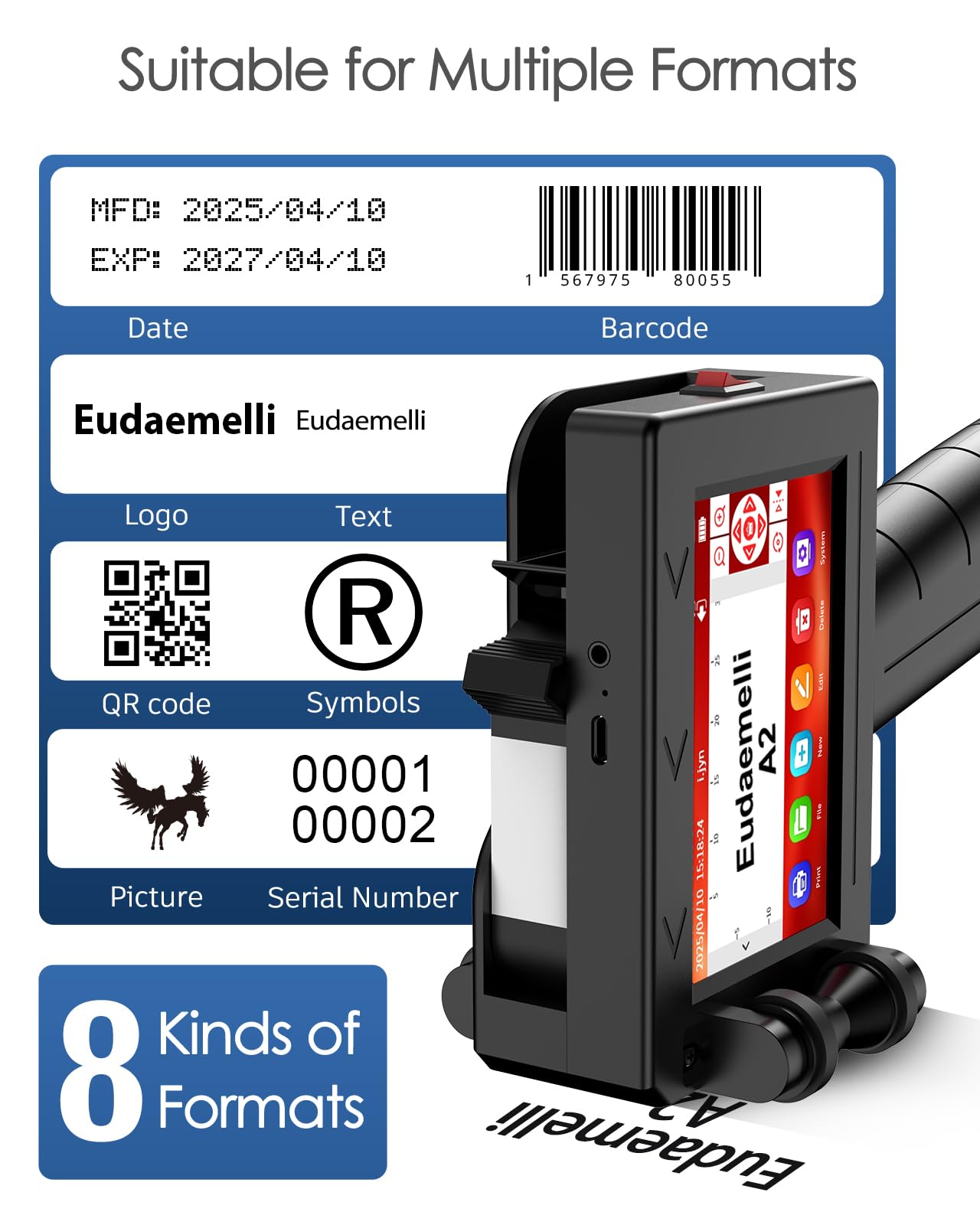 A2 Impresora de Mano Portátil, Impresora Portátil de Inyección con 42ML Cartucho de Tinta de Secado Rápido,Pulgadas para Texto QRCode/Código de barras/Número/Image（Altura impresión: 2-25,4 mm）