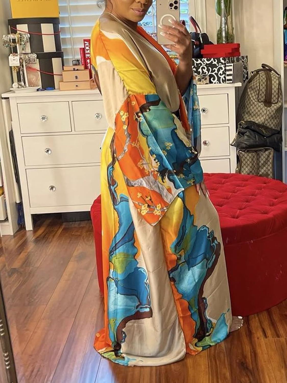 Famnbro Women's Floral Print Satin Robe Kimono Cardigan Open Front Long Cover Ups Outerwear One Size - Image 4