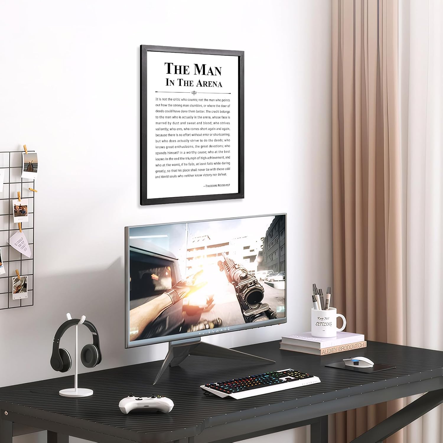 flangairy The Man In The Arena Wall Art Framed, 15.7×11.8 Inch Wooden Motivational Office Wall Decor for Men, Positive Quotes Inspirational Signs for Farmhouse Home Decorations