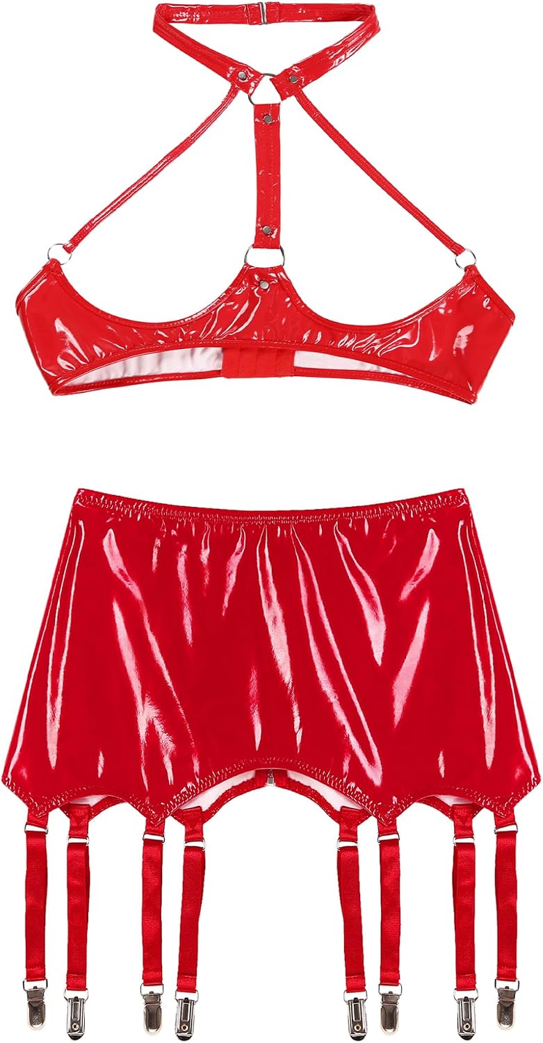 Women's Leather Lingerie Sets Harness Cage Bra Tops with Mini Garters Skirts for Nightclub