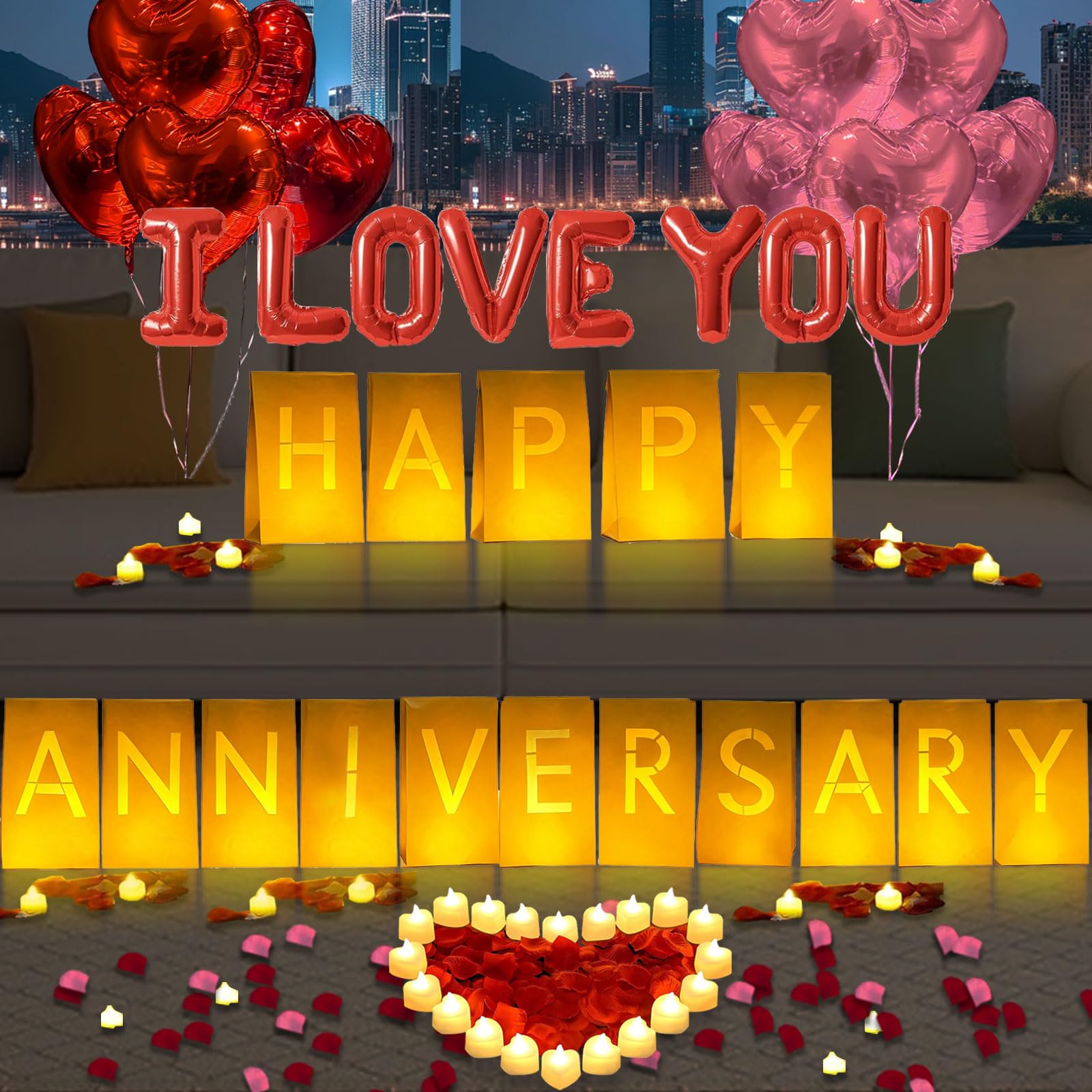 Happy Anniversary podświetlane litery znak 16 szt. oprawy papierowe torby 2000 szt. czerwone różowe płatki róży 48 szt. bezpłomieniowa świeca LED tealight 10 szt. balonów w kształcie serca romantyczna