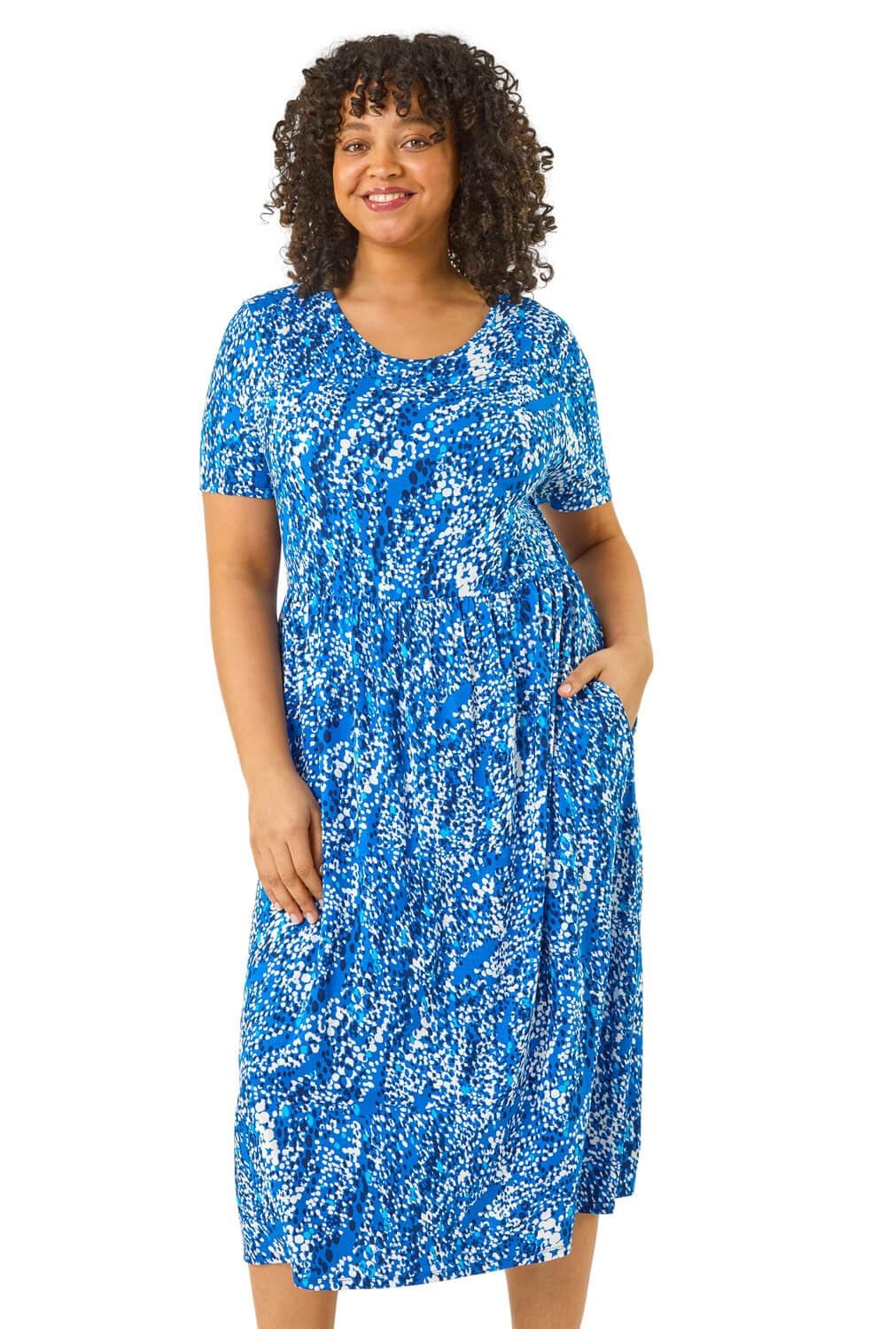 Roman Originals Women's Blue Plus Midi Dress With Pockets For Uk Stretchy Jersey Maxi Long Short Sleeve Elasticated Gathered High Waist Boho Flattering Skater Swing Fit Flare - 18 Plus