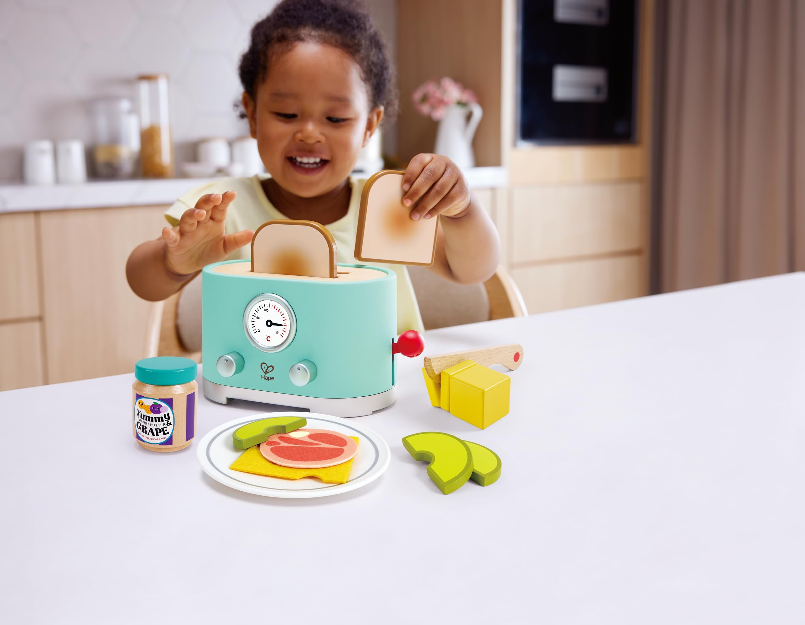 Hape Zestaw tosterów Ding & Pop-up, timer i akcesoria, realistyczna zabawa, wiek 24 m, fantazyjna zabawa