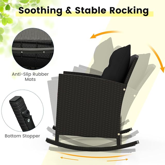 ORALNER 3 Pieces Outdoor Wicker Rocking Chairs, Rattan Rocker with Soft Cushions, Glass Coffee Table, Patio Conversation Furniture Bistro Set for Front Porch Balcony Garden Deck Poolside (Black)