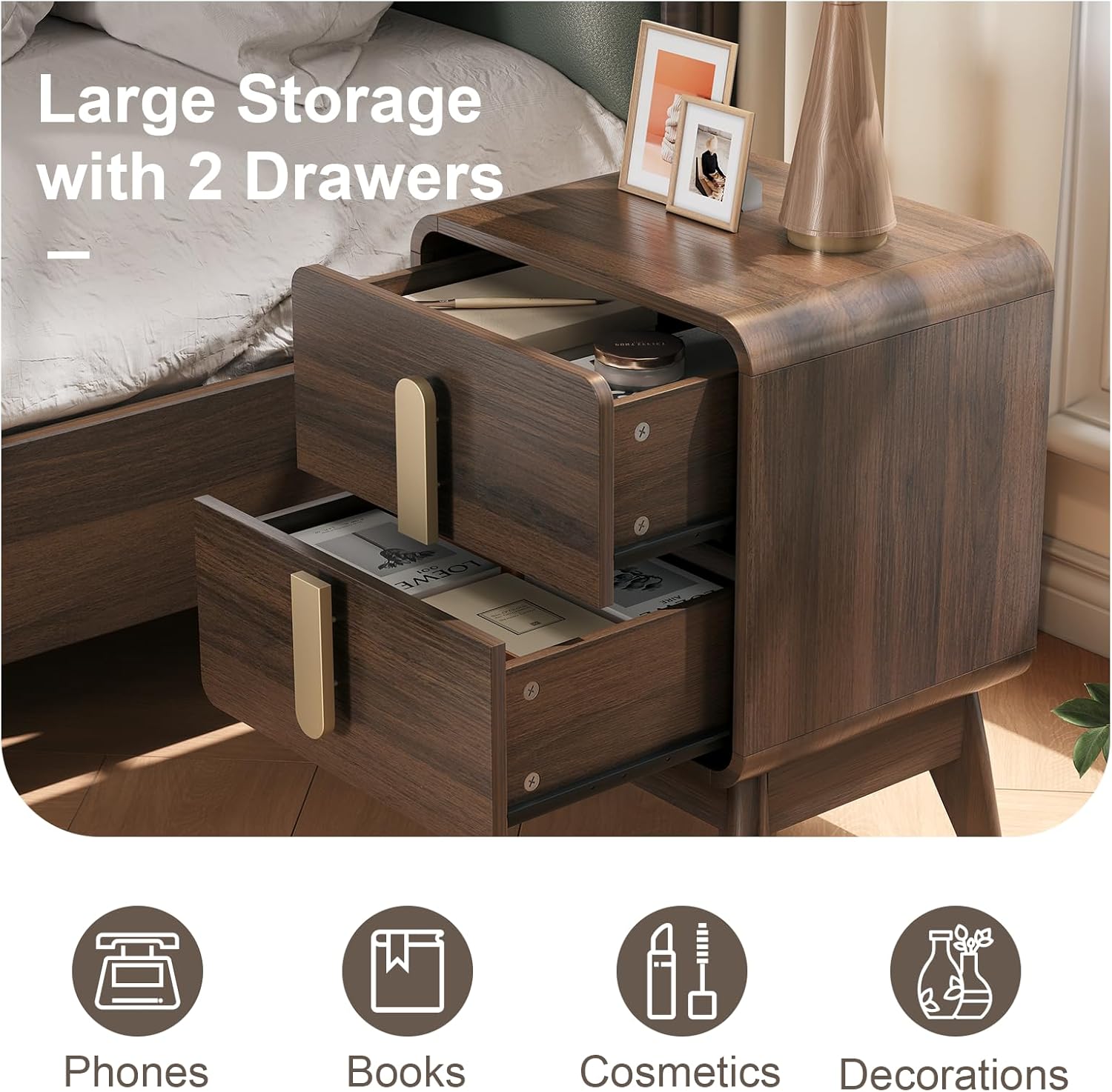 Two open drawers of the nightstand filled with various items like books, cosmetics, and decorations, demonstrating ample storage capacity.