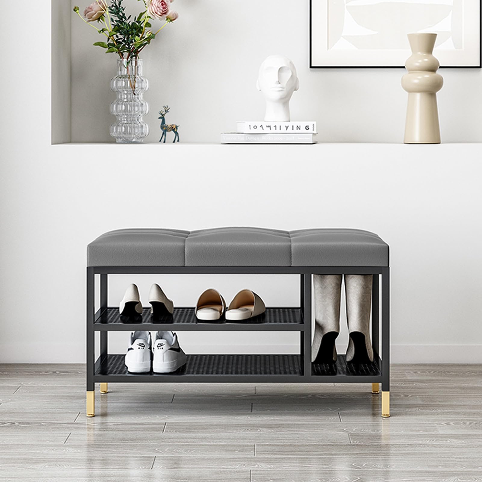Banc Range-Chaussures Métal Noir pour Enlever le Désordre de l'Entrée et Se Chausser Assis