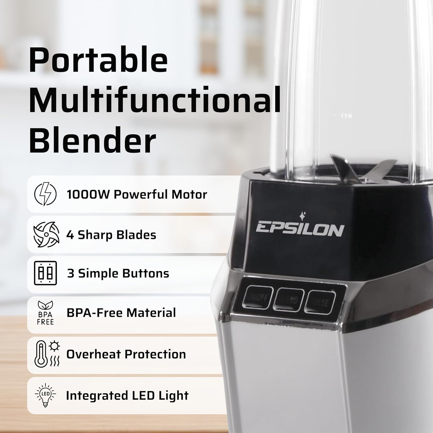 Epsilon Portable Smoothie Blender for Shakes & Smoothies with LED Display & 24 Oz BPA-Free Travel Cup, Personal Juicer Blender w/ 1000W High-Speed Motor for Ice Crushing & Frozen Blending