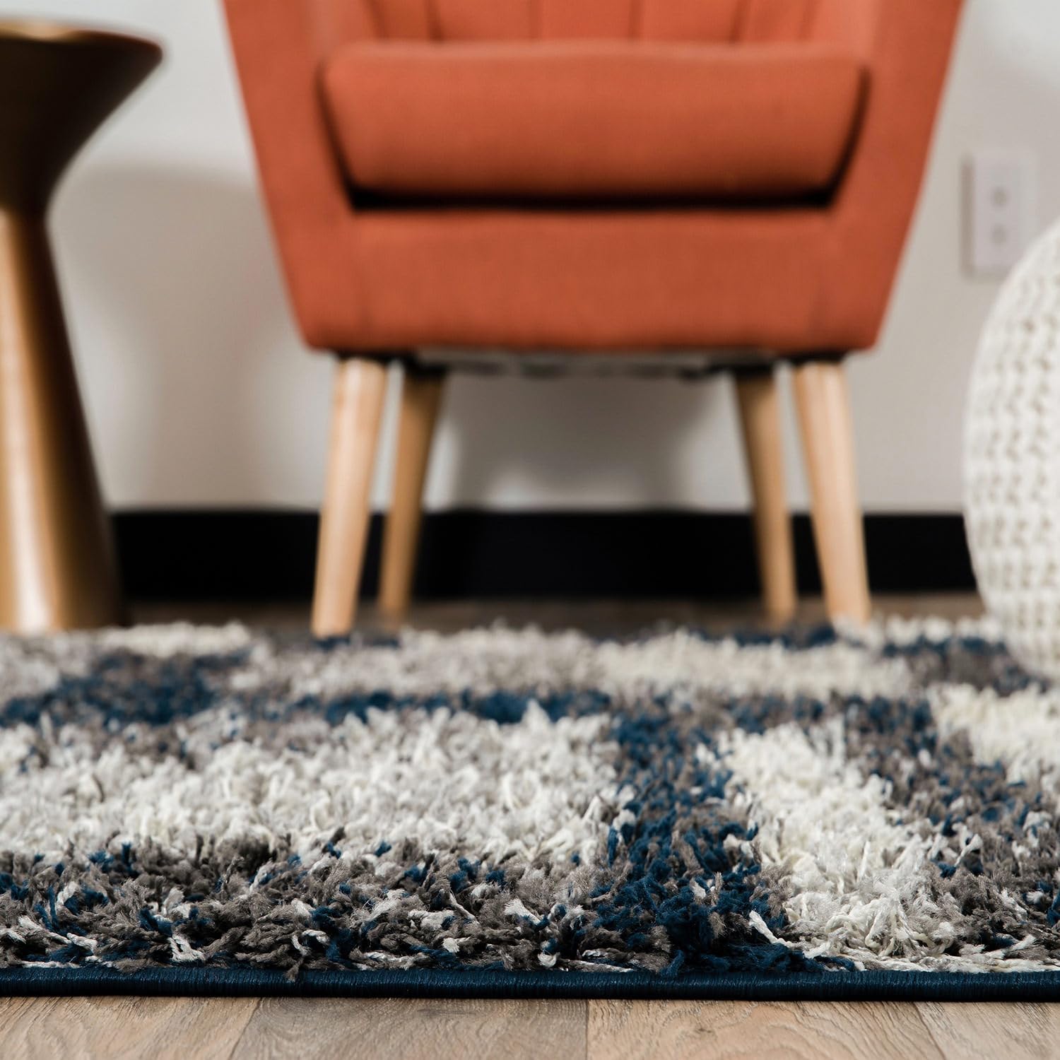 Rugshop Navy Distressed Modern Boxes Plush Shag Area Rug — Non-Shedding Soft for Entryway, Kitchen and Bathroom, 2' x 3'