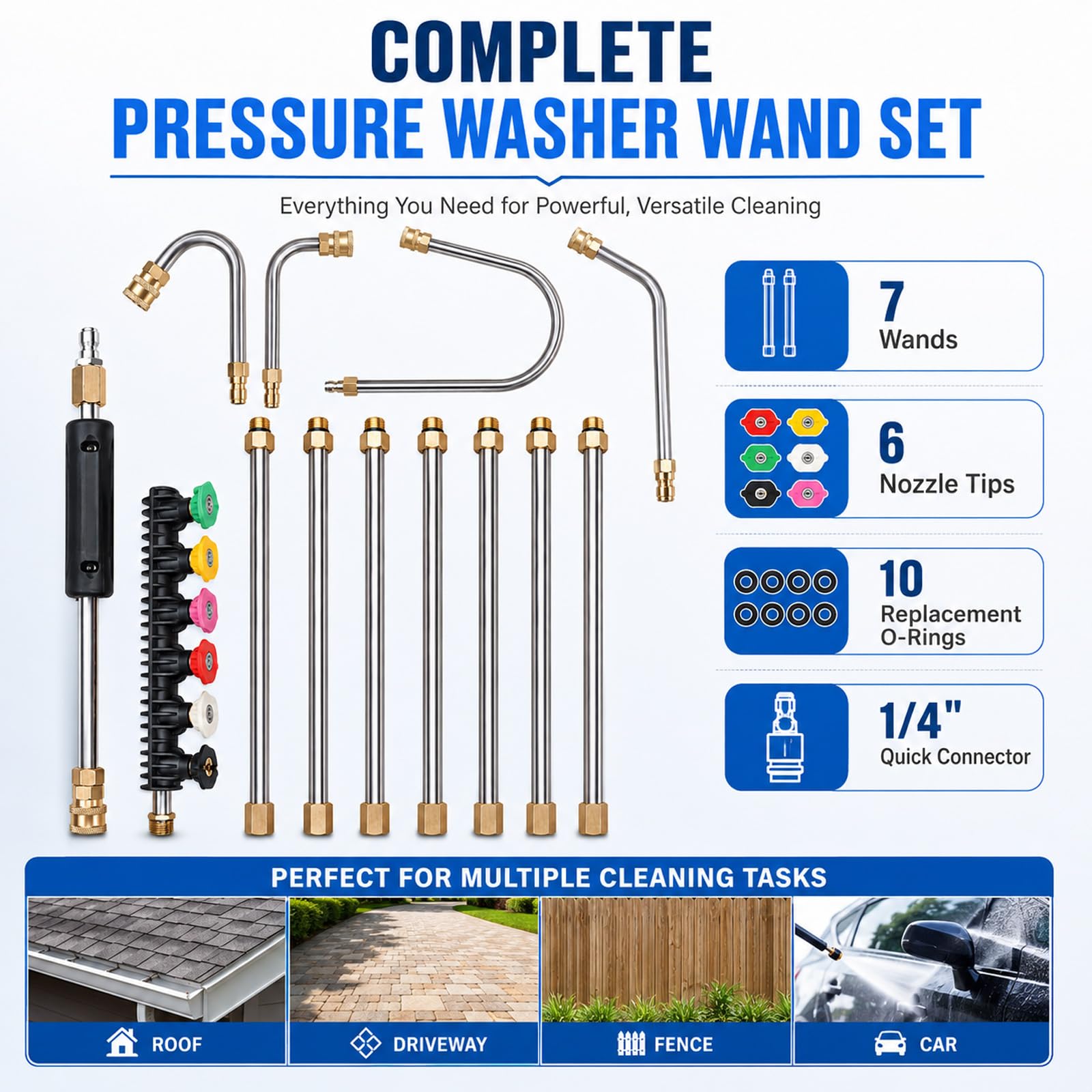 Set di 10 prolunghe da 4000 psi, compatibili con idropulitrice Kärcher K2-7, accessori resistenti per idropulitrice ad alta pressione, lancia con ugelli angolari, pulitore per grondaie, con forma a U