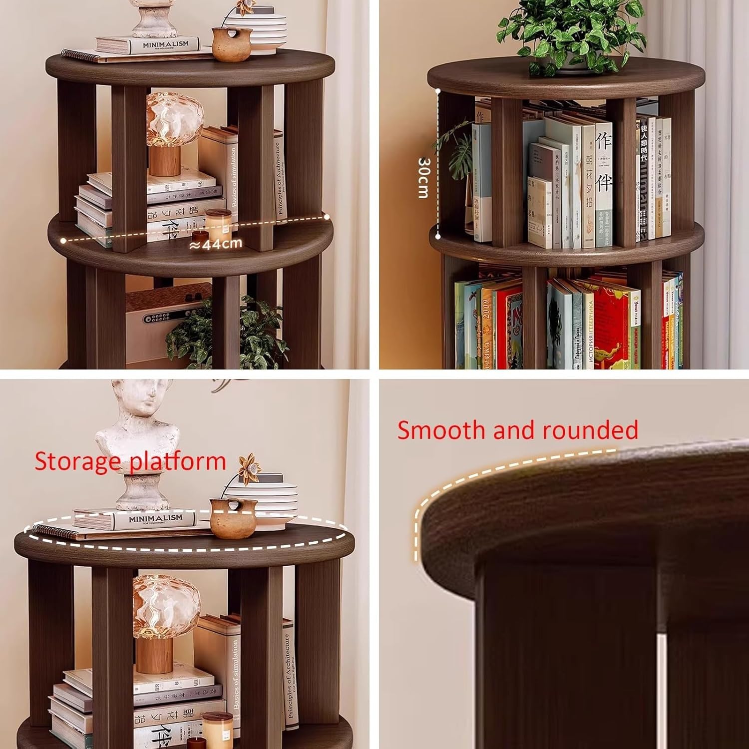 360° Drehbares Bücherregal 6-Etagen Drehregal Aus Massivholz, Platzsparendes Schmalregal Mit Rollen, Rotierender Bücherturm Für Wohnzimmer, Büro, Schlafzimmer, Ecke(Walnut)