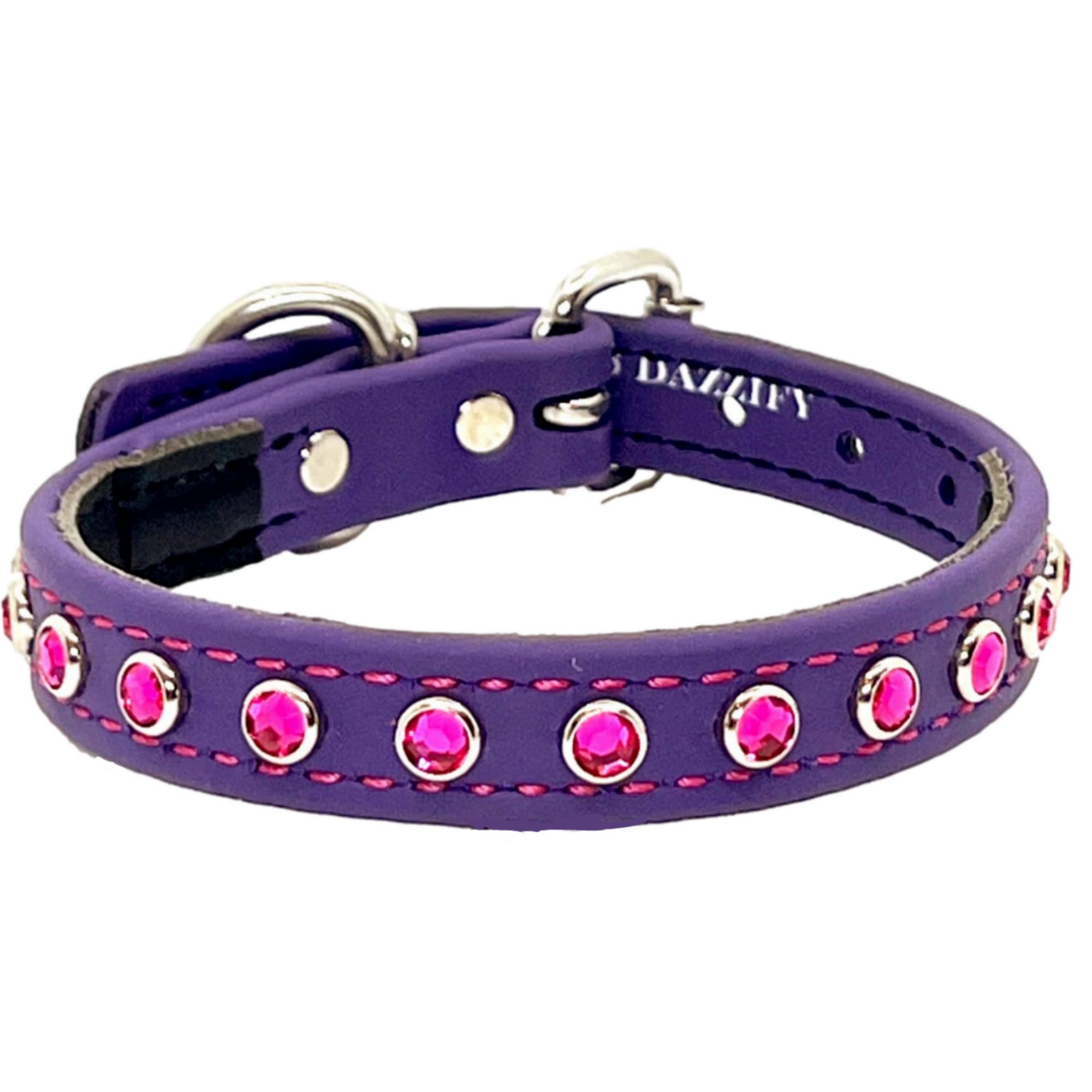 BioThane® Bling Hundehalsband – verstellbares Designer-Halsband mit Strassbesatz, wasserdicht und geruchsabweisend, Königsviolett mit pinken Schmucksteinen, Größe L (passend für Halsgrößen 40,6 cm