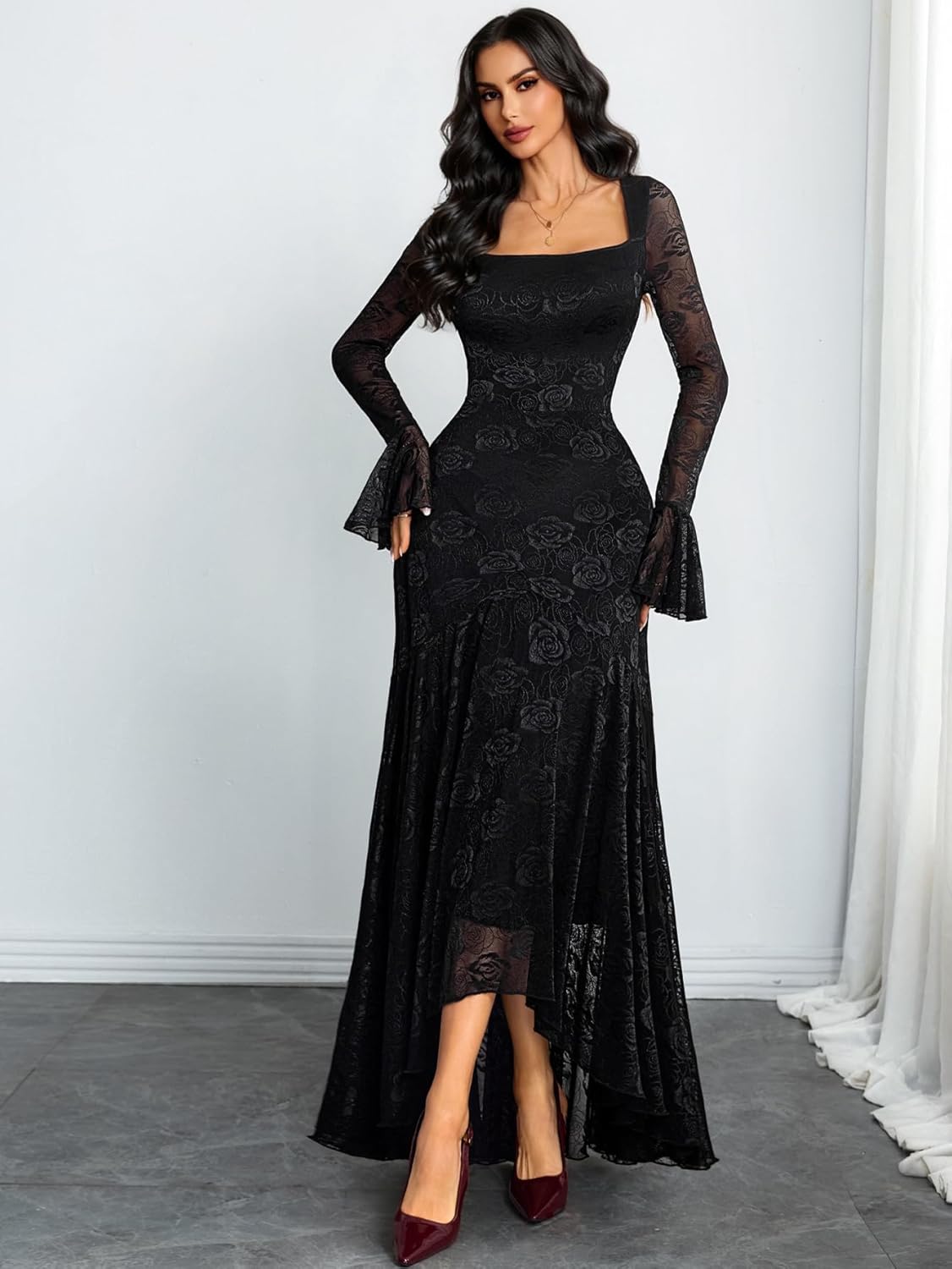 GothDark Womens Lace Maxi Dress Bodycon Square Neck Floral Sheer Ruffle Sleeves High Low Mermaid Elegant Evening Party Outfit - Image 4