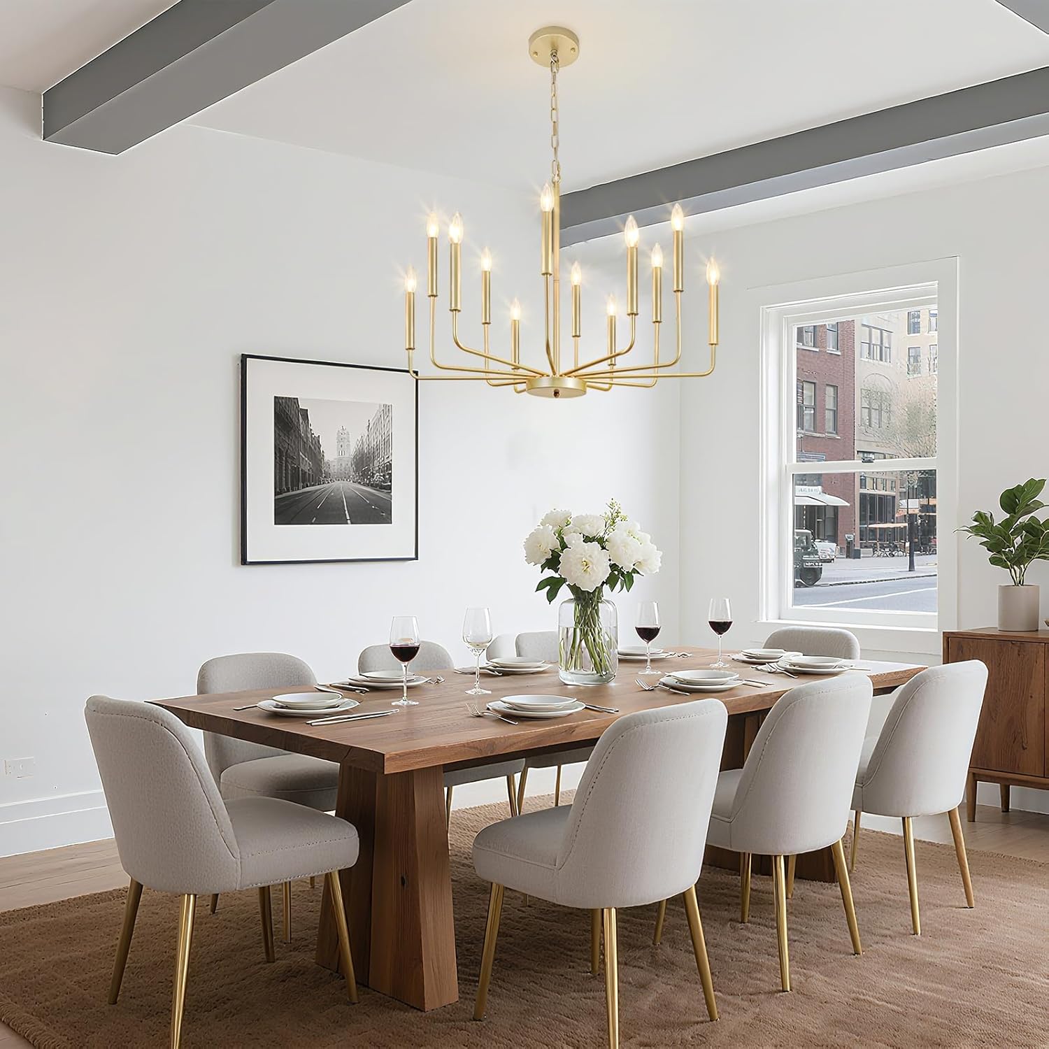 Gold Farmhouse Chandelier, Industrial Metal 12-Light Candle Chandeliers, Rustic Pendant Lighting for Kitchen Island, Dining Room, Living Room, Staircase