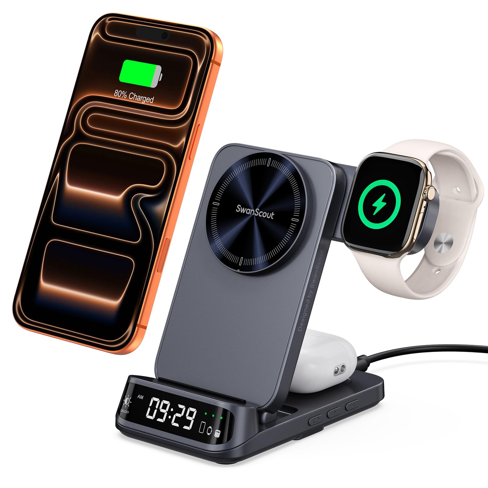 SwanScout Magnetic Charging Station for Apple Devices, Foldable 3 in 1 Wireless Charger for iPhone Air/17/16/15/14/13/12 Series, for Apple Watch, AirPods, Model 708M (No Adapter)