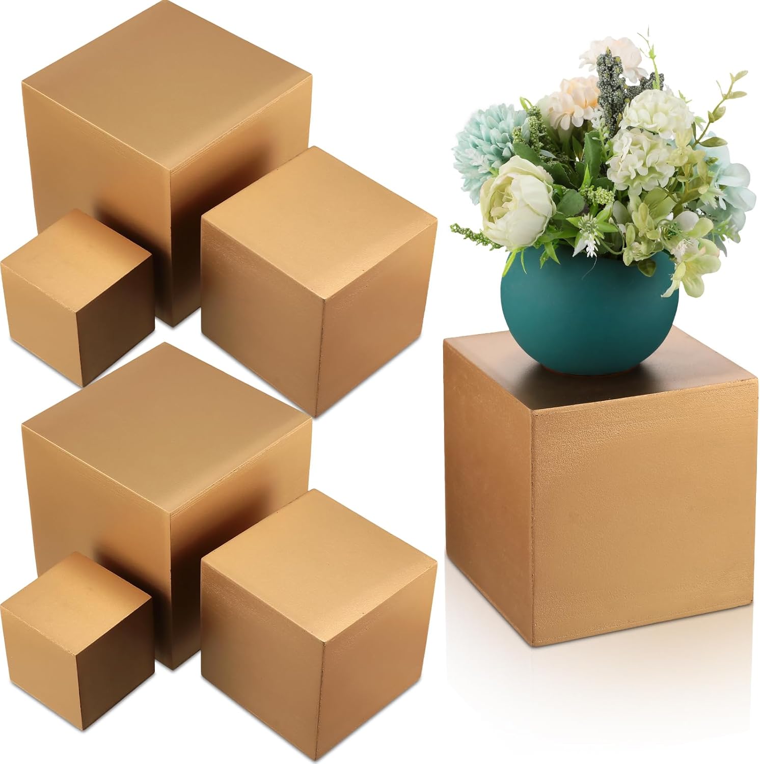 BBTO 6 Pcs Gold Buffet Risers Wood Display Table Stand for Food Wood Cube Box Display Set Nesting Risers Buffet Cake Table Food Stand Boxes for Weddings Home Countertop Jewelry Decor