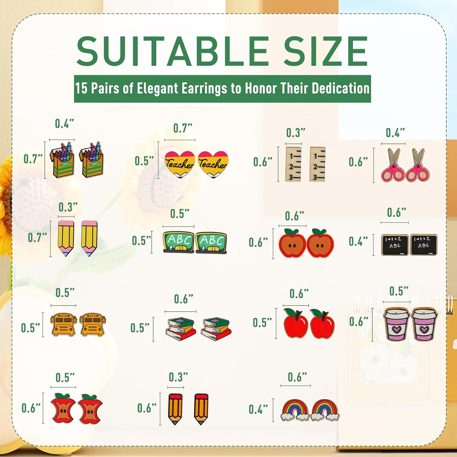 15 Pairs Back to School Earrings for Teachers - Wooden Cute Pencil Crayon Ruler Apple Book Earrings, Bulk Teacher Jewelry for Women, Teacher Appreciation Gift - Image 2