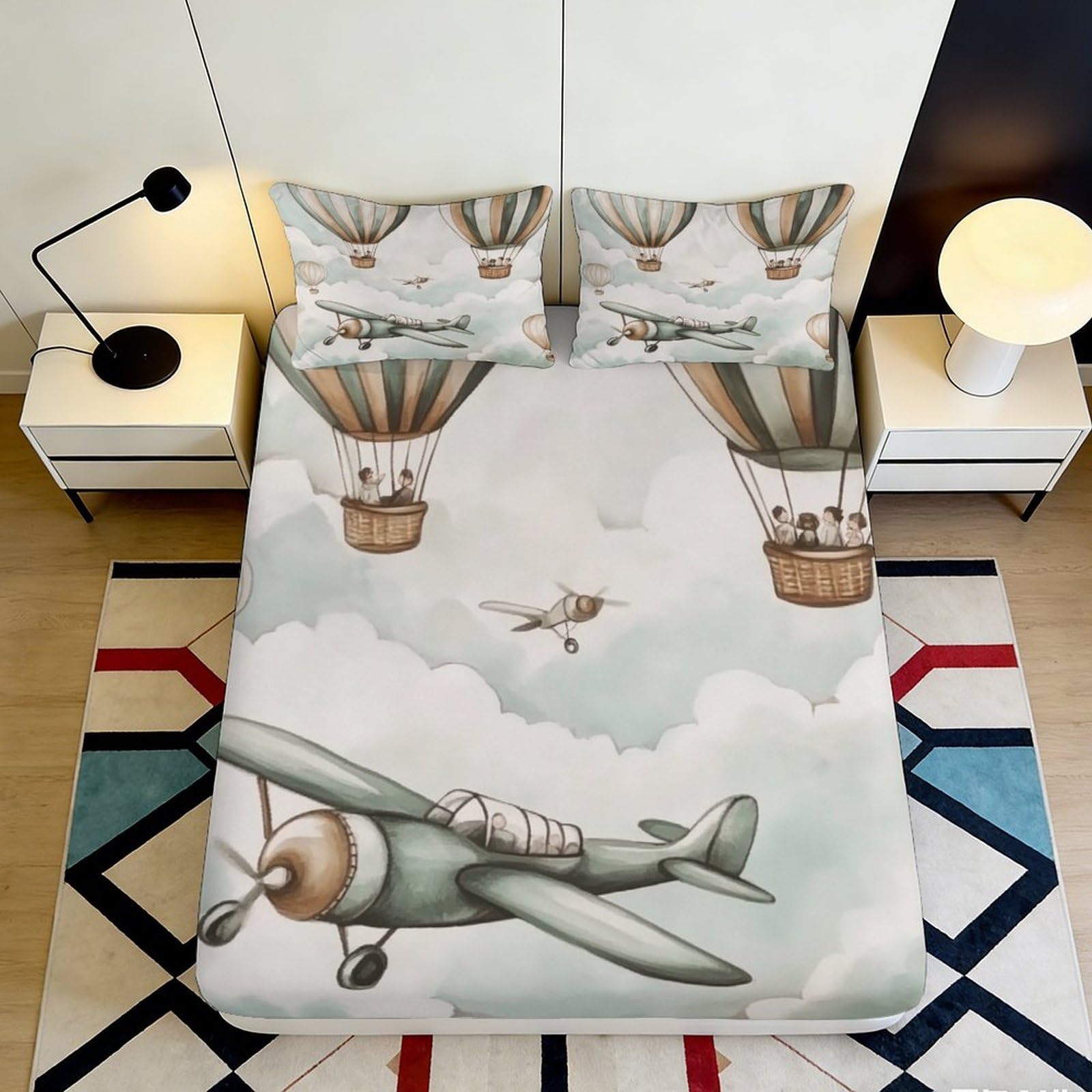Pnayamiorkfel Style-9 3D Printed Vintage Airplane Fitted Sheet Microfiber Soft Hot Air Balloon Mattress Cover For Bedroom Dorm Decor 90X200x25cm