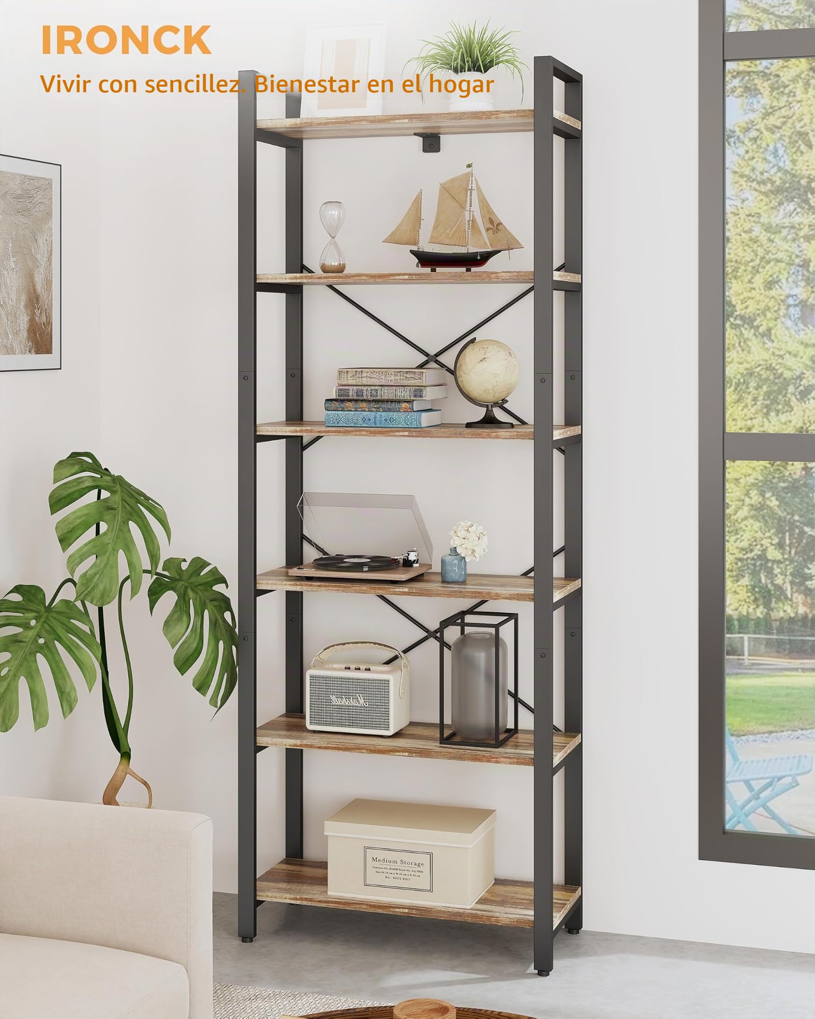 IRONCK 2M Estantería de pie con 6 Niveles, estantería de Madera con Marco de Metal, estantería de Oficina Industrial, estantes Abiertos, para Oficina, salón, Dormitorio, Cocina (marrón Camello Negro)