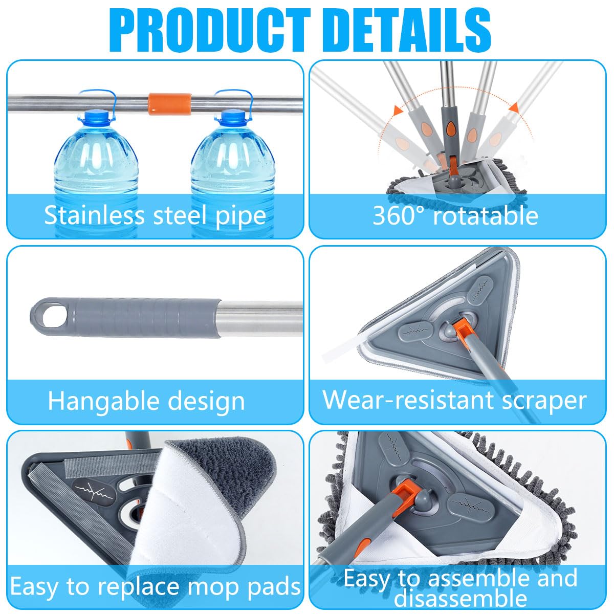 Mopa de limpieza de pared con mango largo, herramienta de limpieza de techo triangular giratoria de 360°, 3 almohadillas de microfibra y 3 almohadillas de felpilla para una limpieza eficaz del suelo