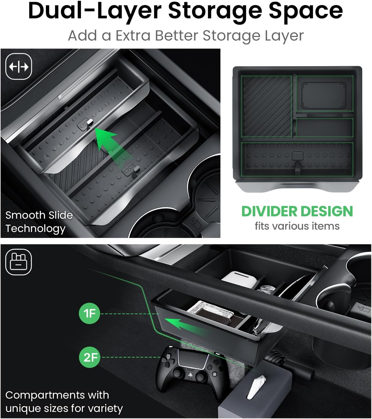 Zanch Tesla New Model Y Juniper & Model 3 Center Console Organizer [Noise-Free, Slide Smoothly] Double Layer Storage Space - Model 3 (2024~2026)/Model Y Juniper Accessories, 4PCS