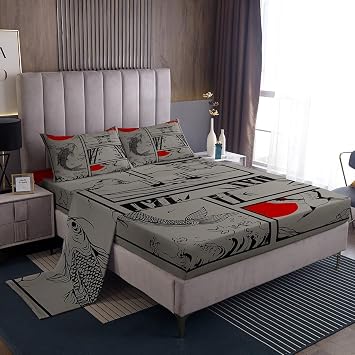 Feelyou Kids Japanese Koi Fish Sheet Set Full Size Japanese Wave Crane Bed Sheets Set Boys Girls Fuji Mountain Bamboo Sunset Sheets with Deep Pocket Fitted Sheet Japan Tokyo Japanese-Style Bedding Set