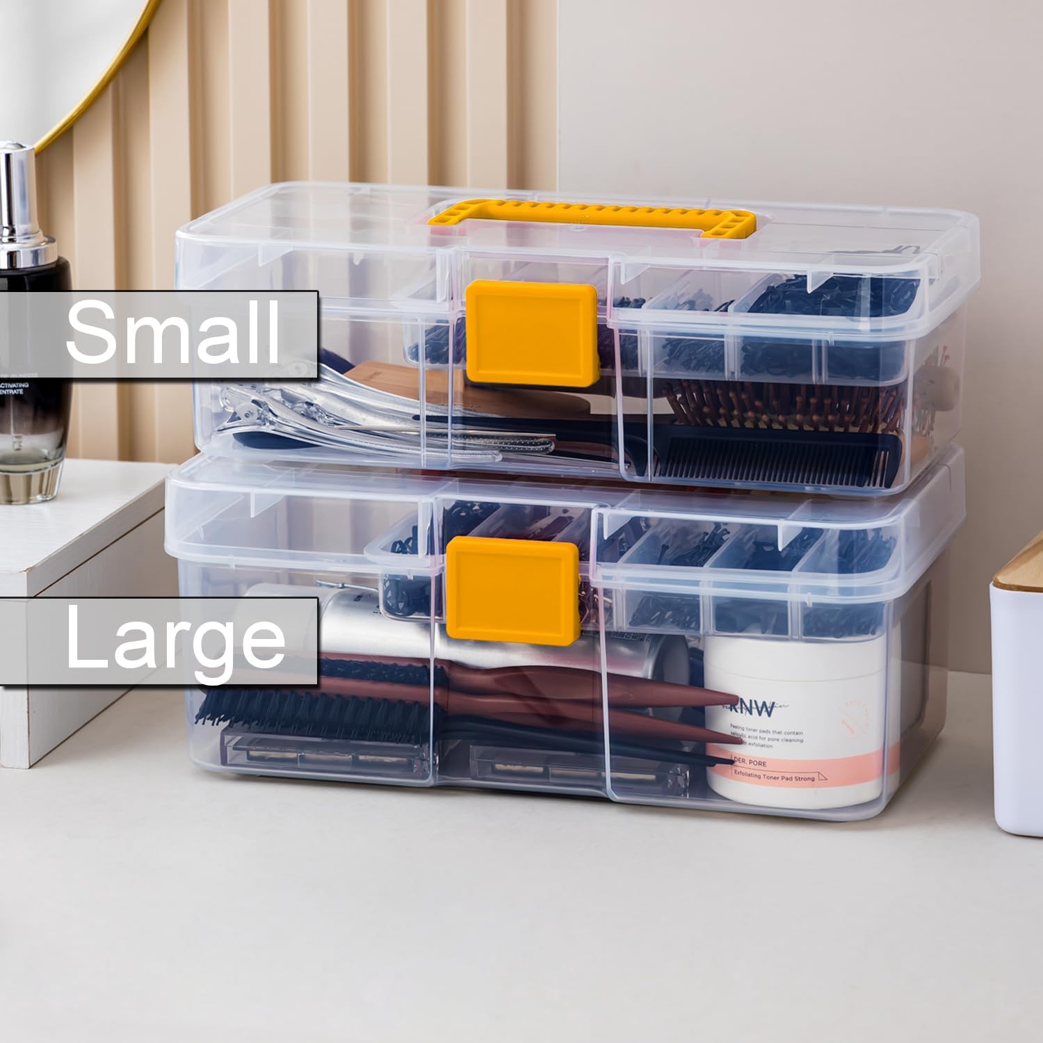 Vidifor Plastic Clear Portable Handled Storage Box with Adjustable Dividers Art Supply Organizer Multipurpose Home Utility Box for Craft, Sewing, First Aid, Makeup, Office Supplies (L, Clear)