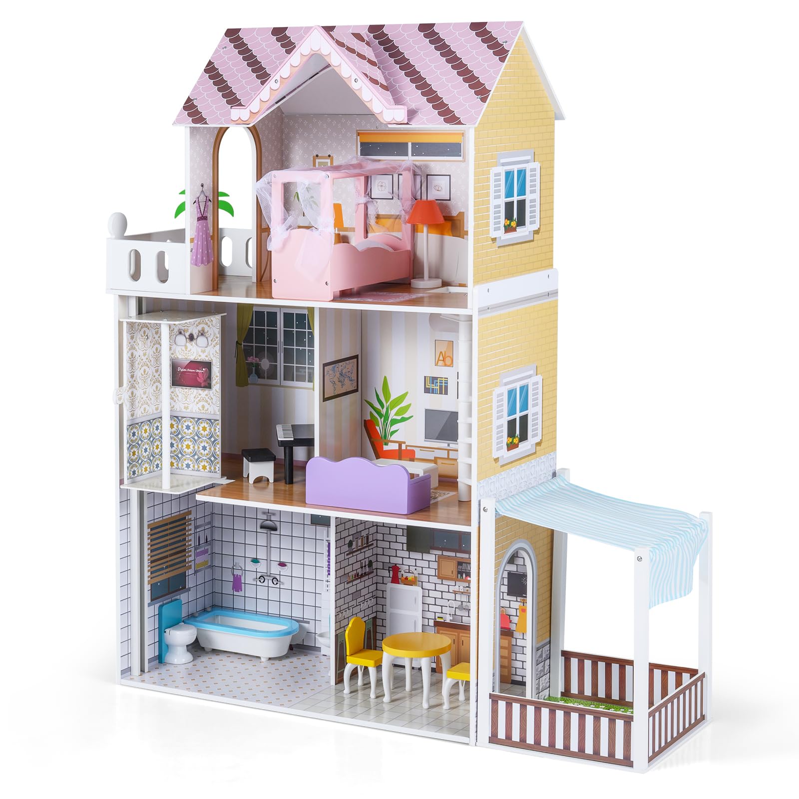 FANTASK Drewniany domek dla lalek od 3 lat, 3 piętrowa willa dla lalek z balkonem, tarasem i 16 meblami, duża wymarzona willa dla dziewcząt i chłopców, 102 x 34 x 120,5 cm