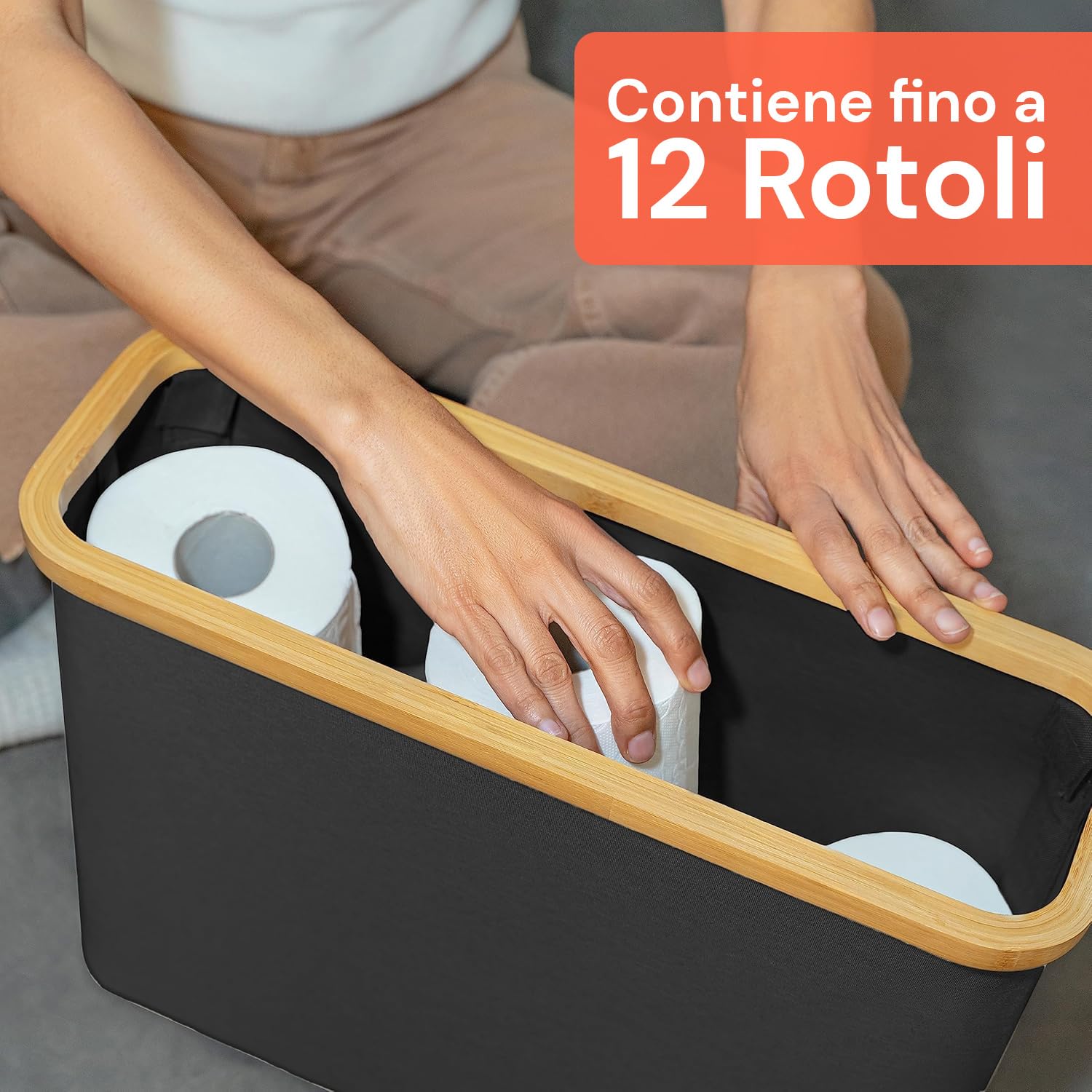 Wintem - Porta Carta Igienica in Tessuto Nero con Coperchio in Bambù Naturale, Design Elegante e Compatto per Accessori Bagno, Facile da Spostare e da Pulire, Capienza fino a 12 Rotoli