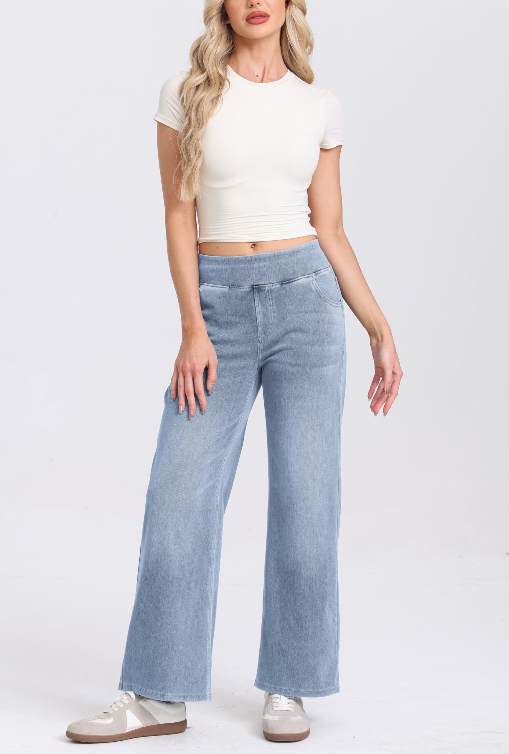 Oyamiki Jeans Damen Baggy High Waist Denim Weites Bein Hose Straight Leg Jeanshose mit 4 Taschen Bequeme Stretch Damenjeans