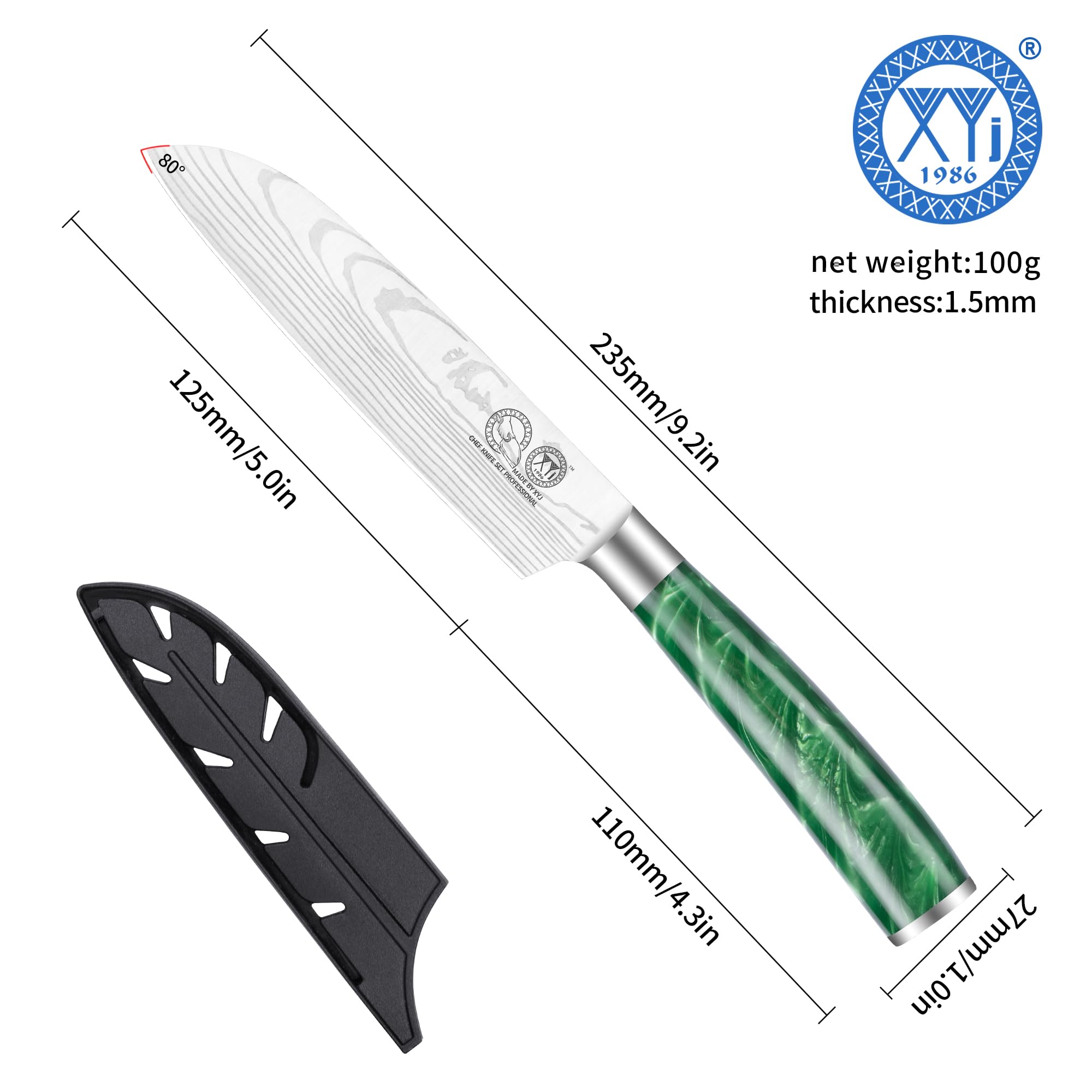 XYJ Autentico dal 1986, coltello multifunzione da cucina, coltello da 5 pollici in acciaio inossidabile con fodera, lama affilata modello Laser Damascus, manico in Pakkawood, posate da cucina