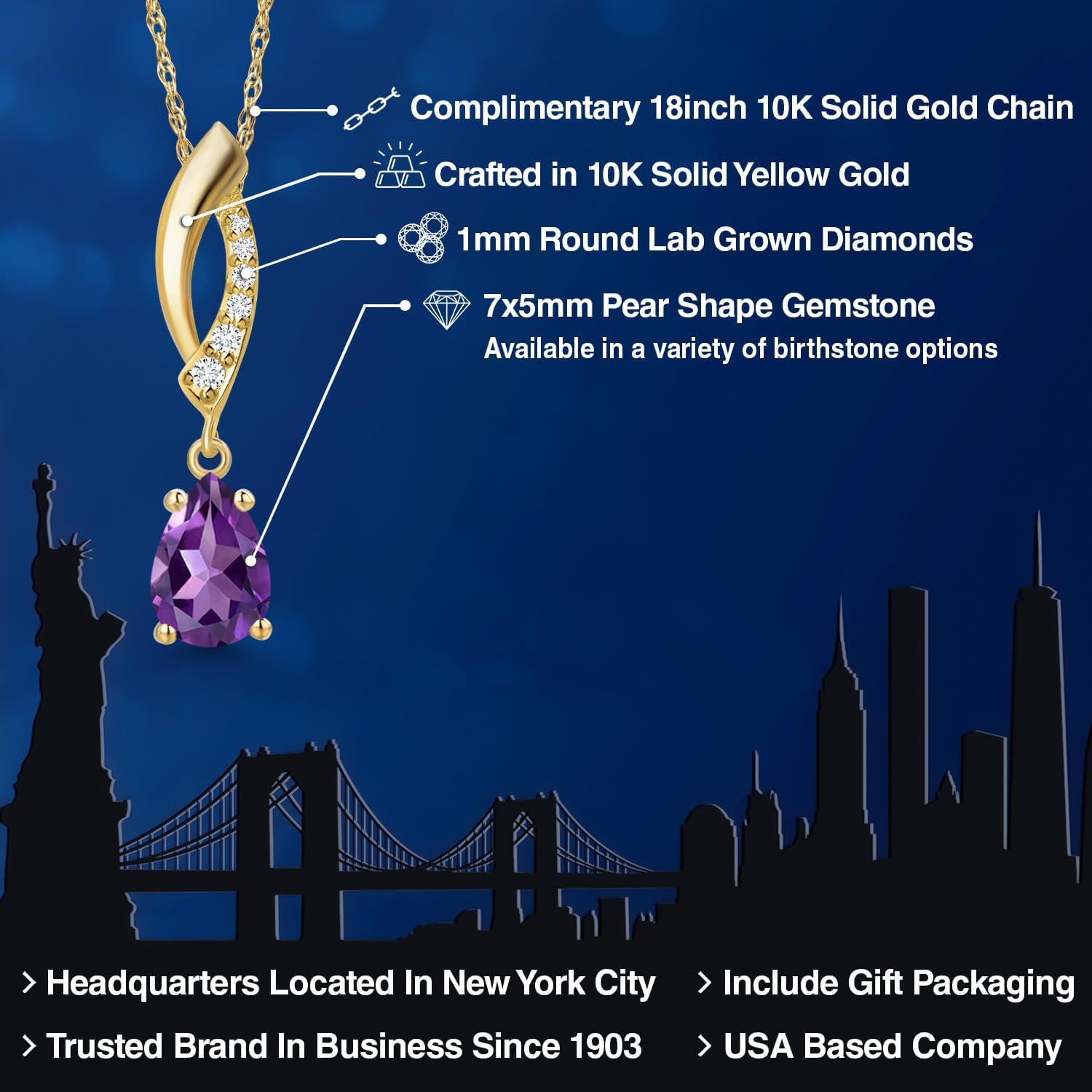 Gem Stone King 10K Yellow Gold 7X5MM Pear Shape Gemstone Birthstone and White Lab Grown Diamond Infinity Pendant Necklace For Women | Gold Necklace For Women | With 18 Inch Gold Chain - Image 2