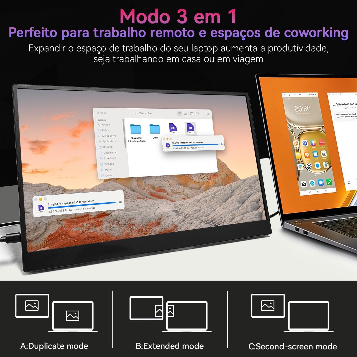 Monitor portátil de 15,6 polegadas com capa protetora, conectividade USB-C HDMI Full HD 1080p e alto-falantes integrados, compatível - Preto