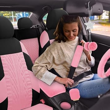 17 Car Seat Cover Full Set for Women, Universal Car Seat Cover, Plush Steering Wheel Cover, Fluffy Soft Wool Handbrake Gear, Suspension Accessories Full SUV(Patterned Pink)