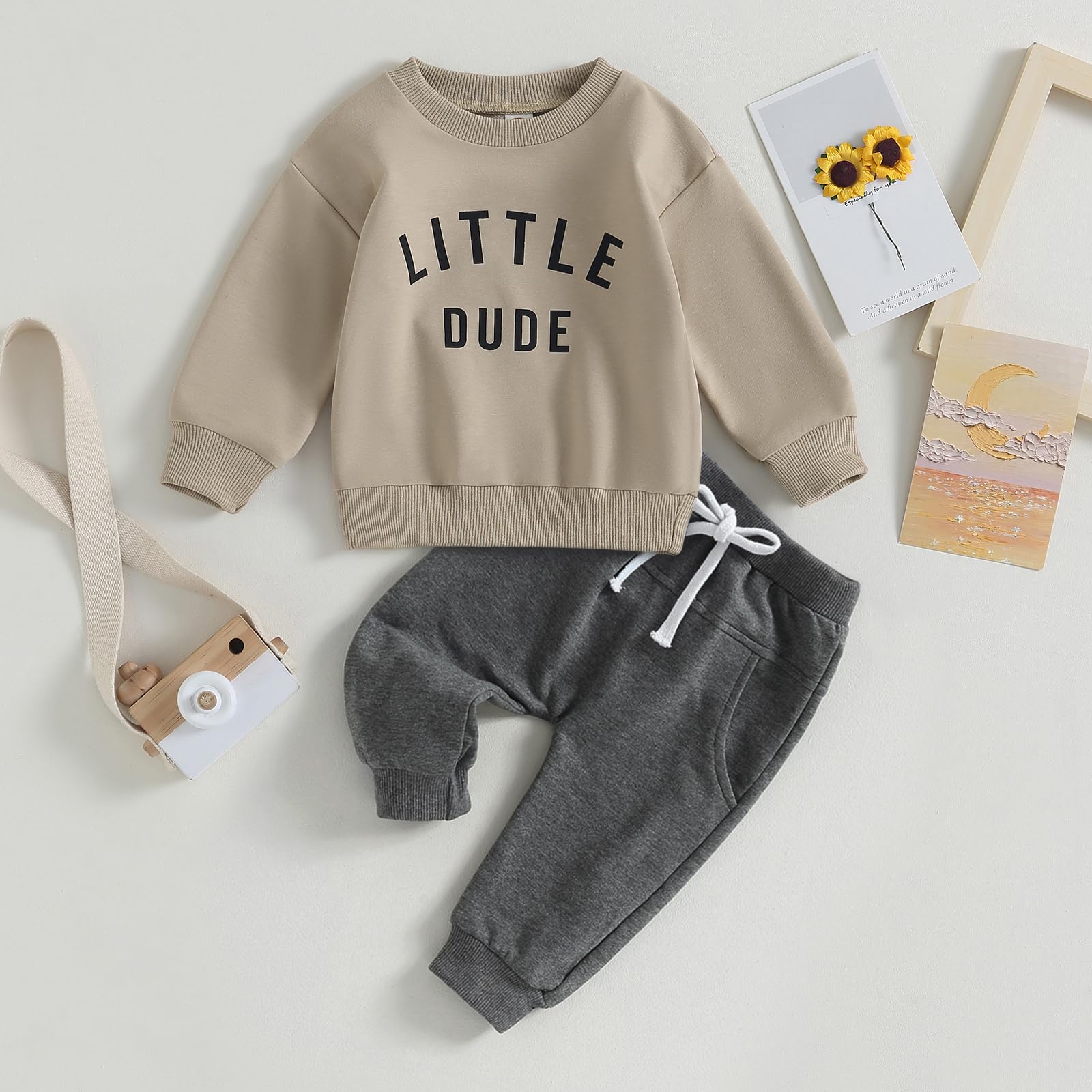 MOBJVIY Toddler Baby Mama's Boy Clothes Long Sleeve Sweatshirts Jogger Pant Newborn Boys 2 Piece Outfits Fall Winter (Khaki, 12-18 Months)