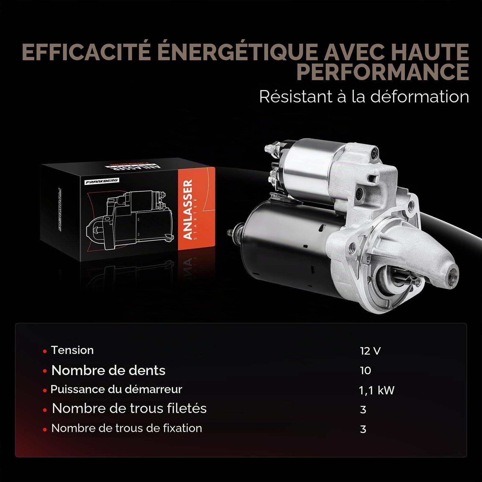 Frankberg Démarreur pour voitures, 1,1 kW, 12 V, 10 dents, 1011331 | Compatible avec: C-Max II DXA/CB7 DXA/CEU, Tournoi Focus III, S40 II 544, C-Max DM2, Fiesta V JD JH
